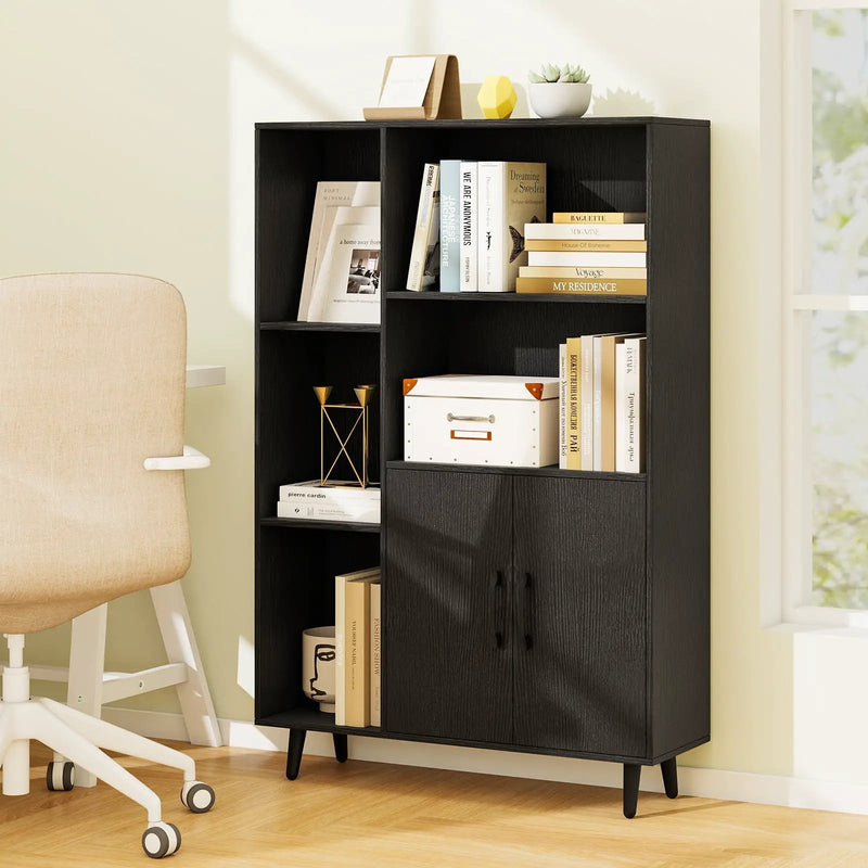 4 Inch Floor Bookshelf with 5 Open Compartments and Storage Cabinet-Black by DirectDeals