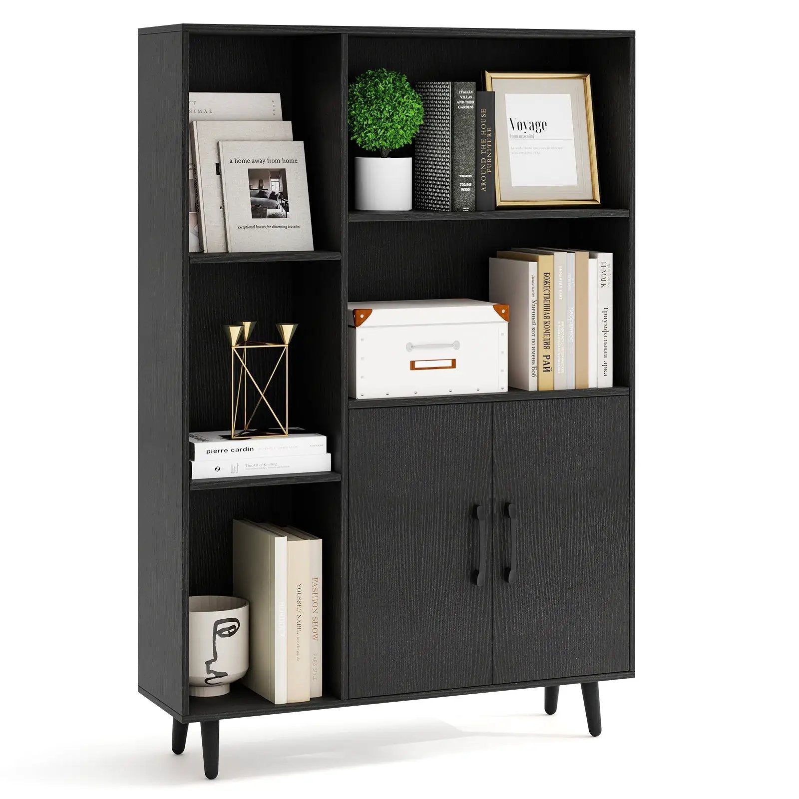 4 Inch Floor Bookshelf with 5 Open Compartments and Storage Cabinet-Black by DirectDeals