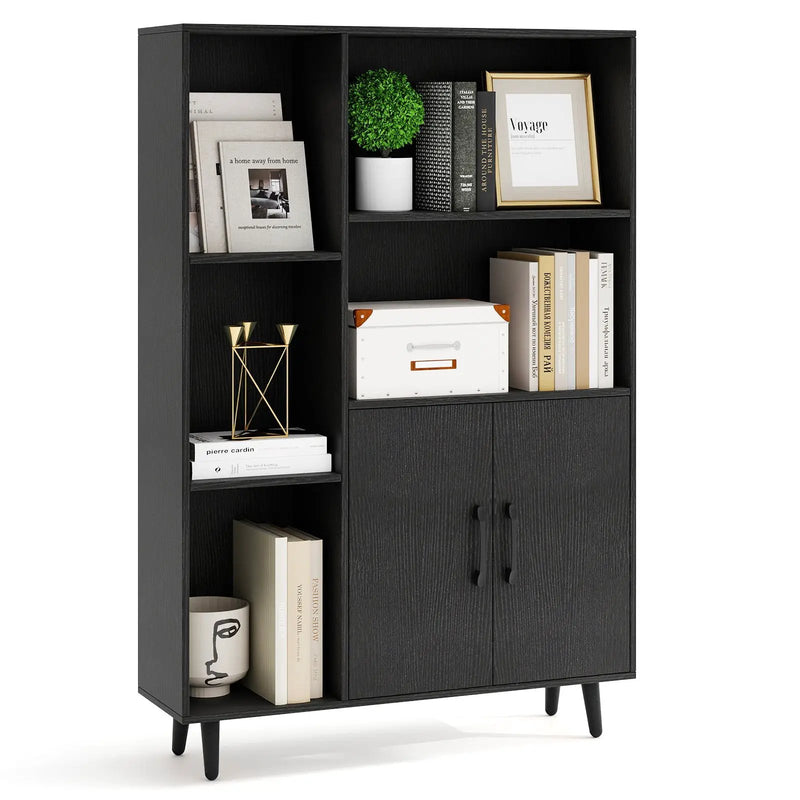 4 Inch Floor Bookshelf with 5 Open Compartments and Storage Cabinet-Black by DirectDeals