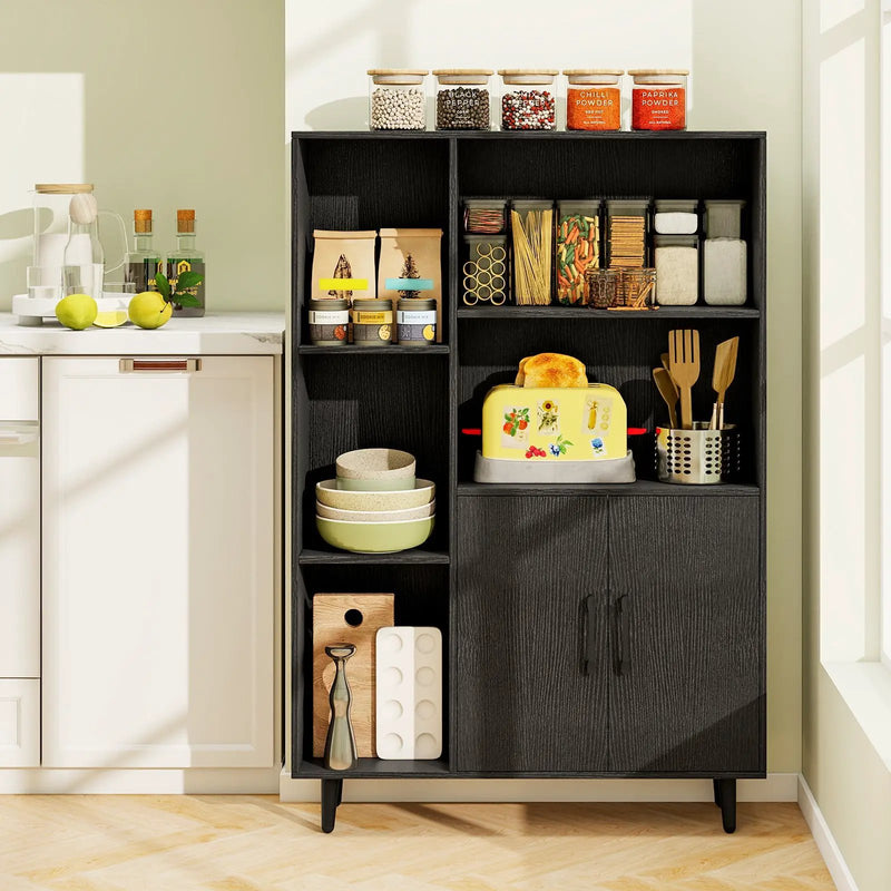 4 Inch Floor Bookshelf with 5 Open Compartments and Storage Cabinet-Black by DirectDeals