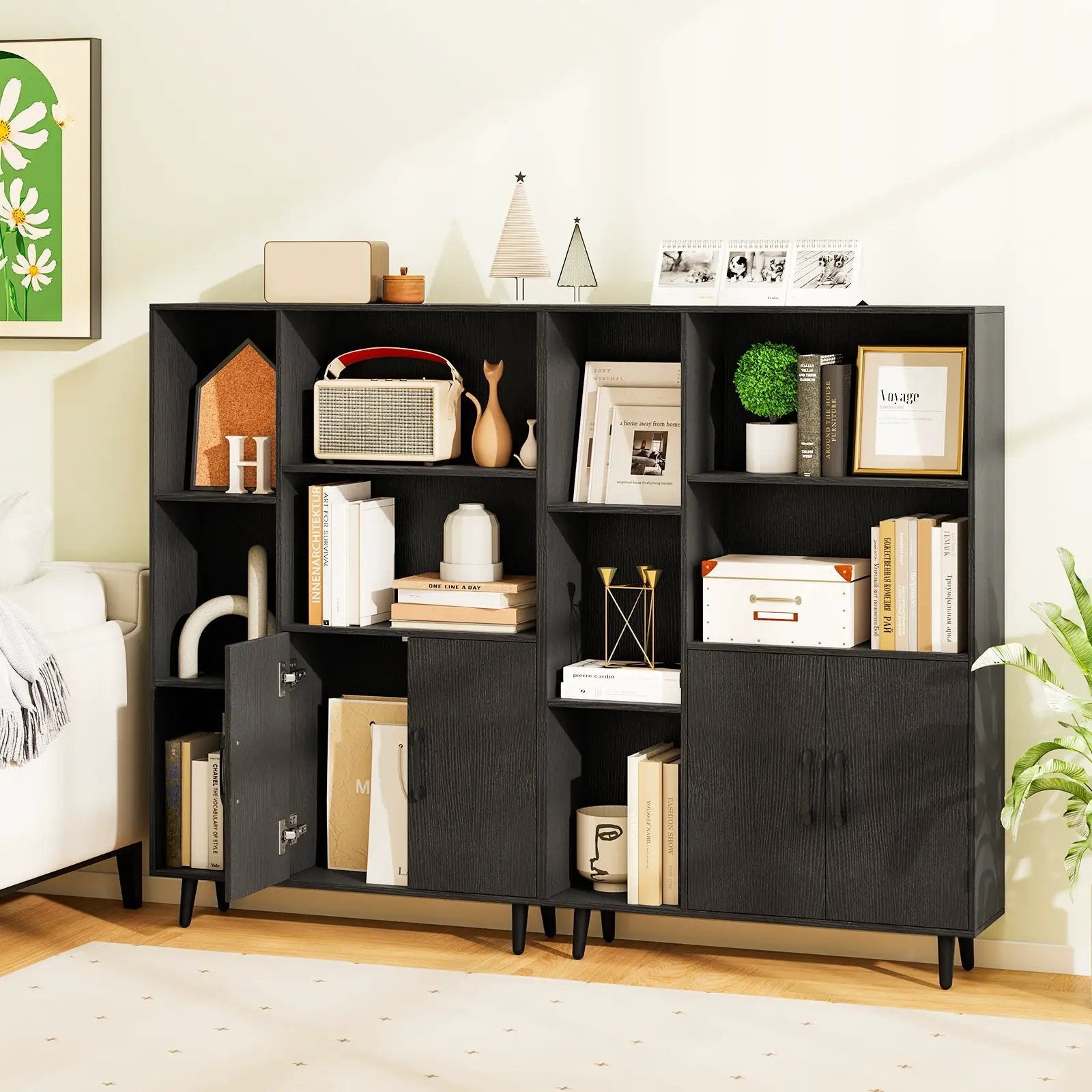 4 Inch Floor Bookshelf with 5 Open Compartments and Storage Cabinet-Black by DirectDeals