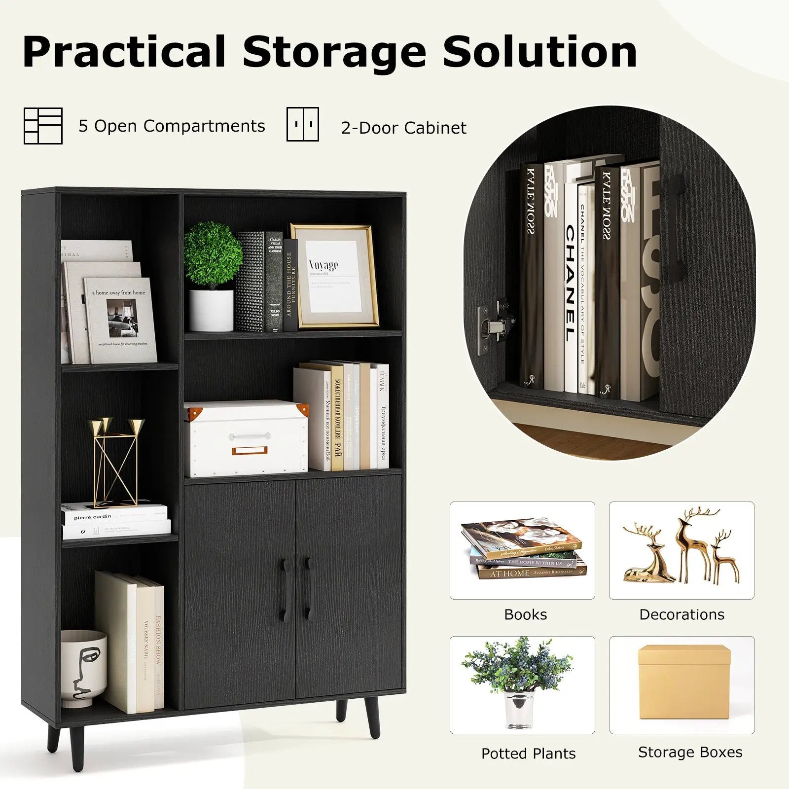 4 Inch Floor Bookshelf with 5 Open Compartments and Storage Cabinet-Black by DirectDeals