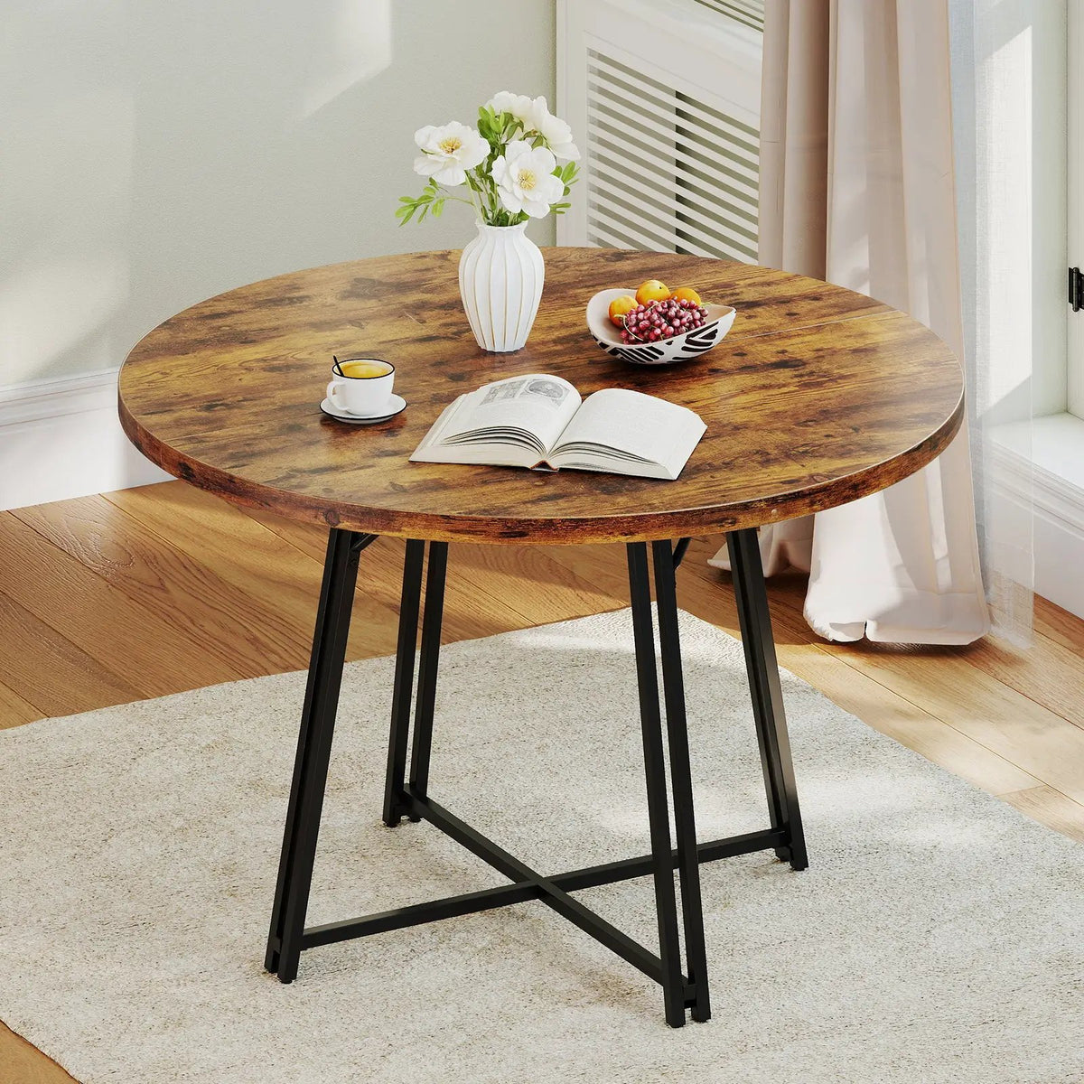 47 Inch Dining Table for 4-6 People Round Kitchen Table with Cross Base by DirectDeals