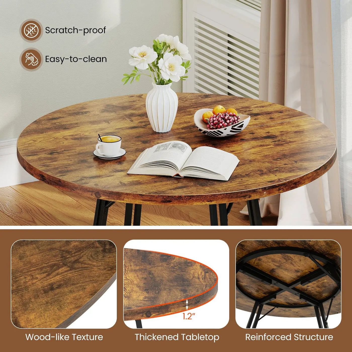 47 Inch Dining Table for 4-6 People Round Kitchen Table with Cross Base by DirectDeals