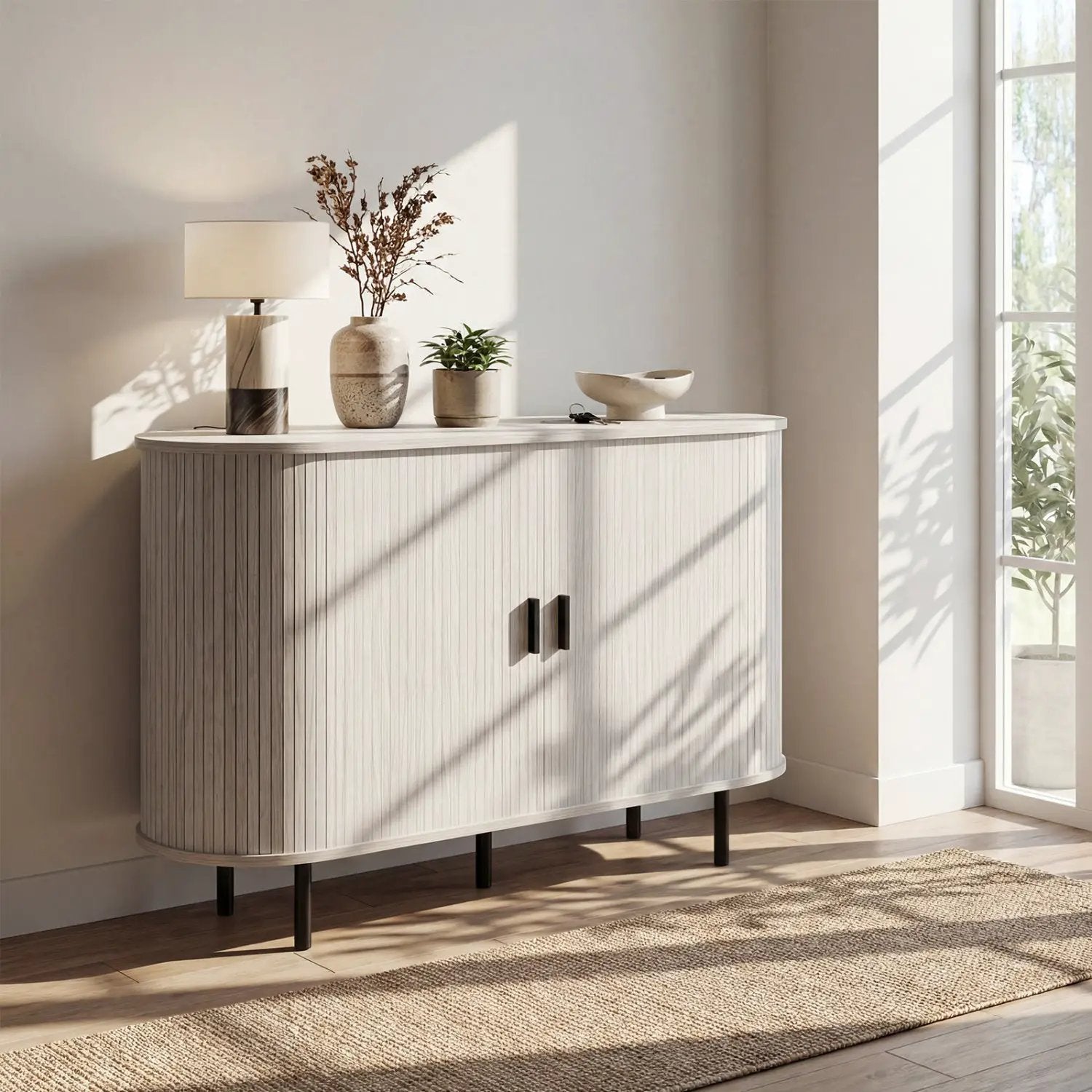 47 Inch Fluted Sideboard Buffet Cabinet with Tambour Sliding Doors and Metal Legs by DirectDeals
