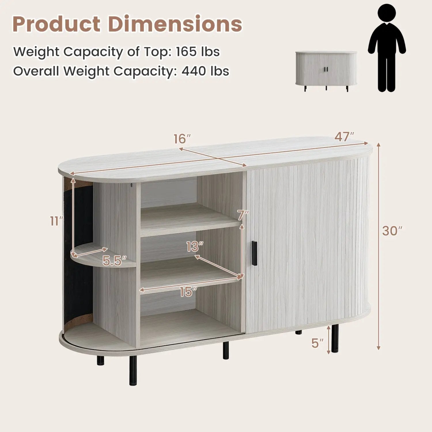 47 Inch Fluted Sideboard Buffet Cabinet with Tambour Sliding Doors and Metal Legs by DirectDeals
