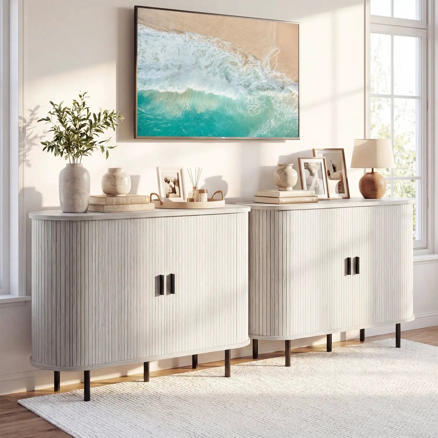 47 Inch Fluted Sideboard Buffet Cabinet with Tambour Sliding Doors and Metal Legs by DirectDeals