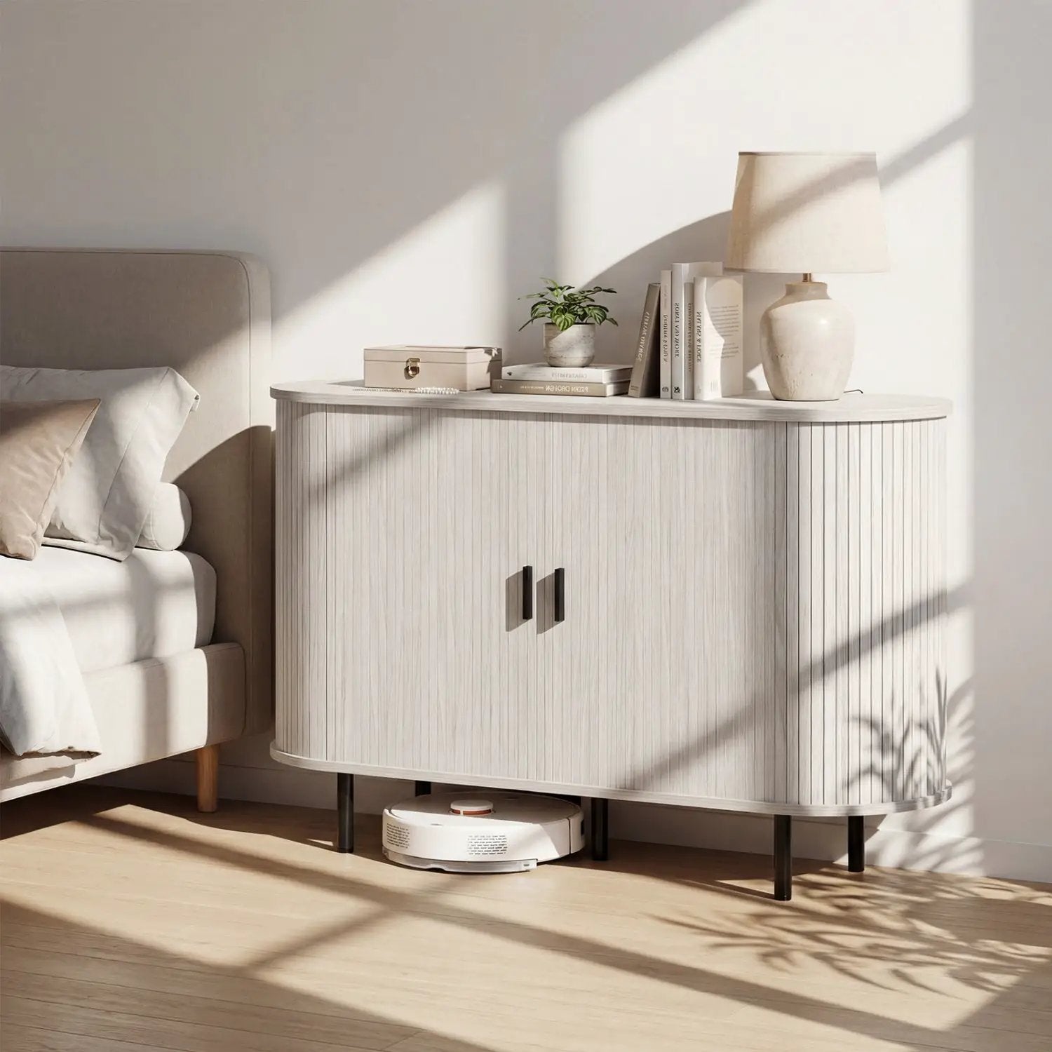 47 Inch Fluted Sideboard Buffet Cabinet with Tambour Sliding Doors and Metal Legs by DirectDeals