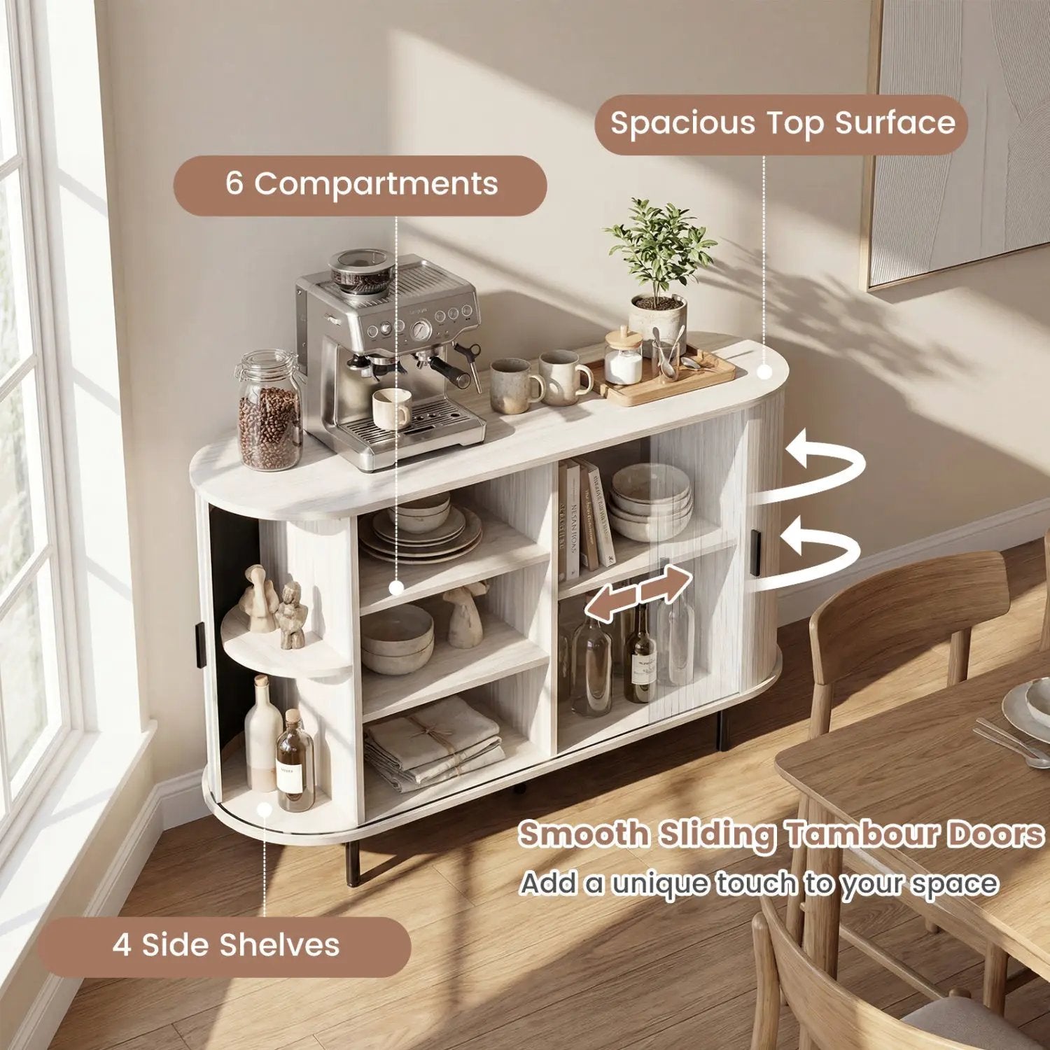 47 Inch Fluted Sideboard Buffet Cabinet with Tambour Sliding Doors and Metal Legs by DirectDeals
