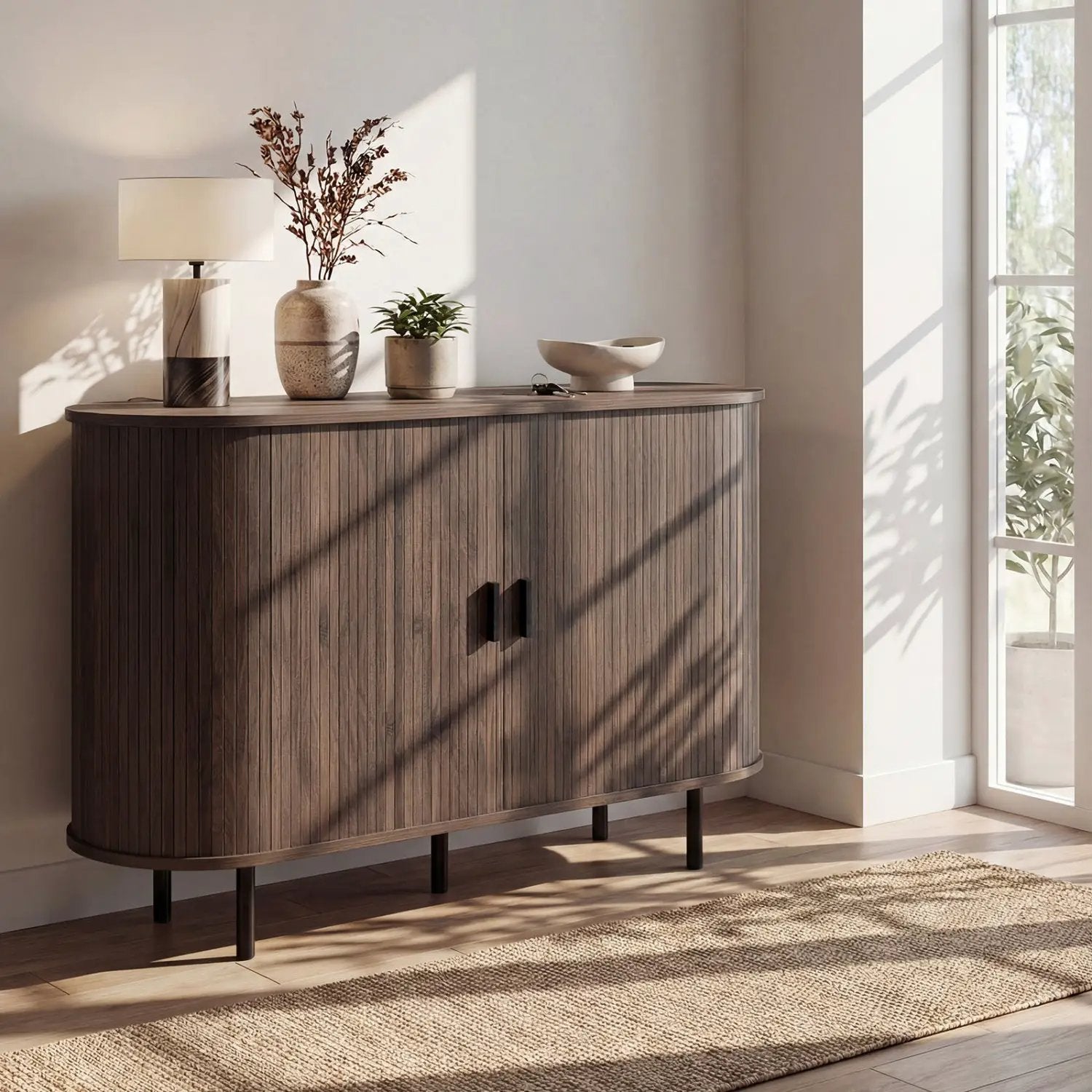 47 Inch Fluted Sideboard Buffet Cabinet with Tambour Sliding Doors and Metal Legs by DirectDeals