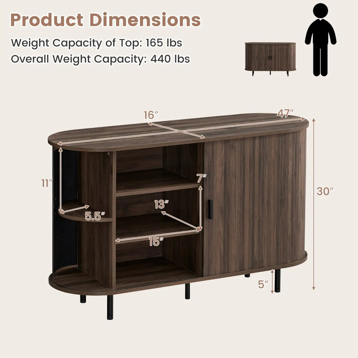 47 Inch Fluted Sideboard Buffet Cabinet with Tambour Sliding Doors and Metal Legs by DirectDeals