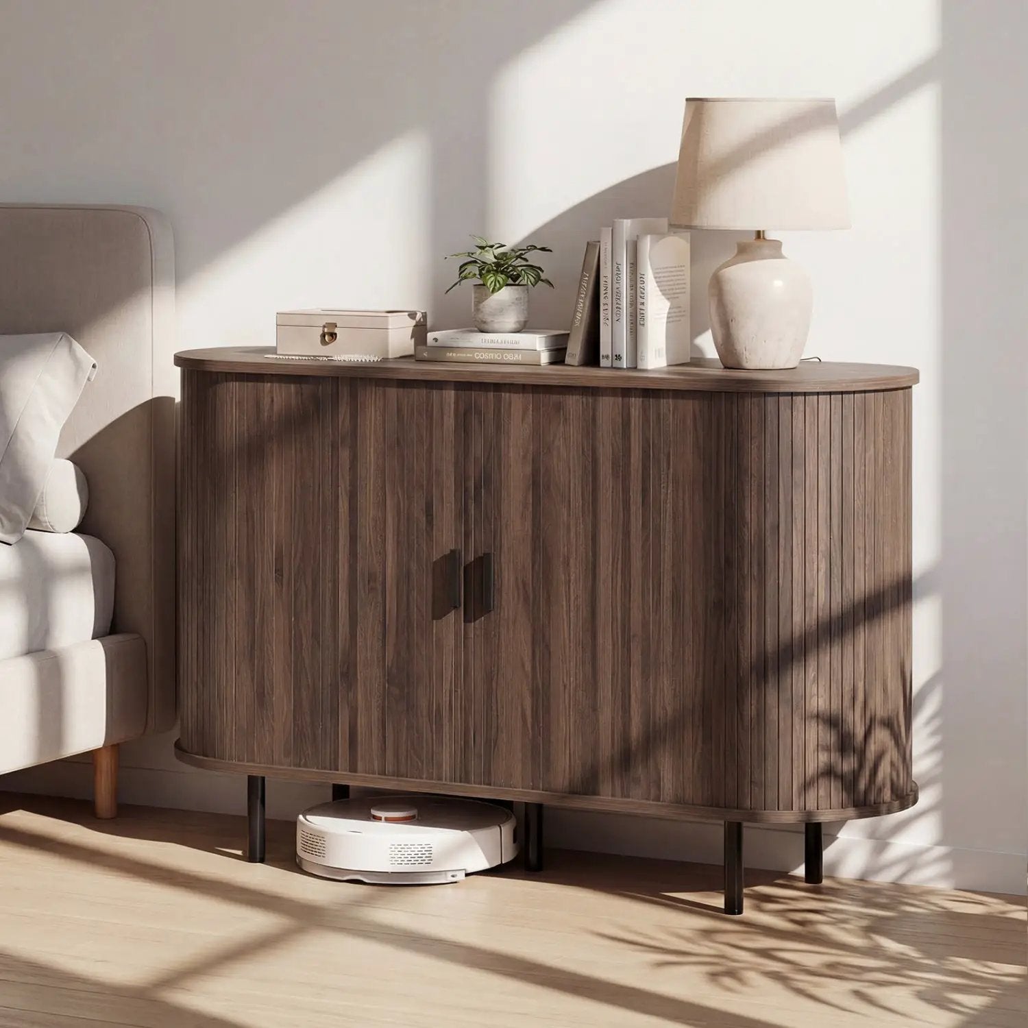 47 Inch Fluted Sideboard Buffet Cabinet with Tambour Sliding Doors and Metal Legs by DirectDeals