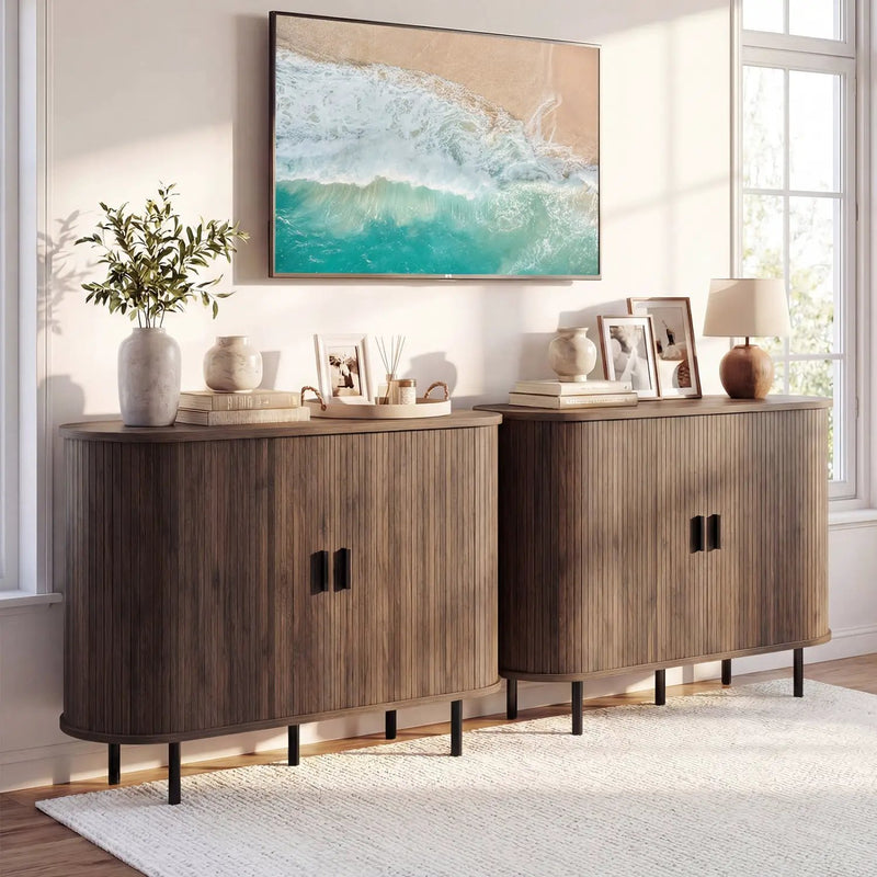 47 Inch Fluted Sideboard Buffet Cabinet with Tambour Sliding Doors and Metal Legs by DirectDeals