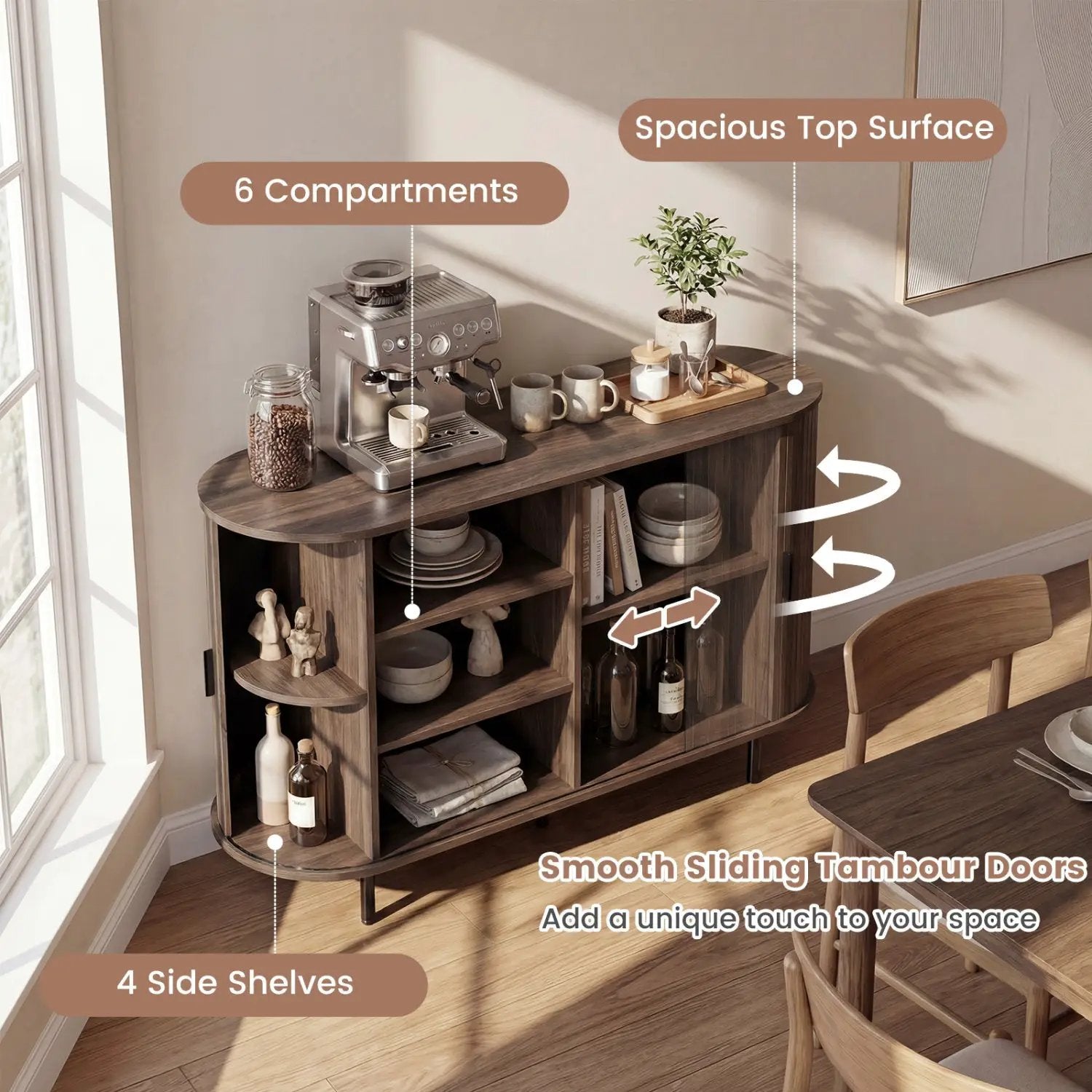47 Inch Fluted Sideboard Buffet Cabinet with Tambour Sliding Doors and Metal Legs by DirectDeals