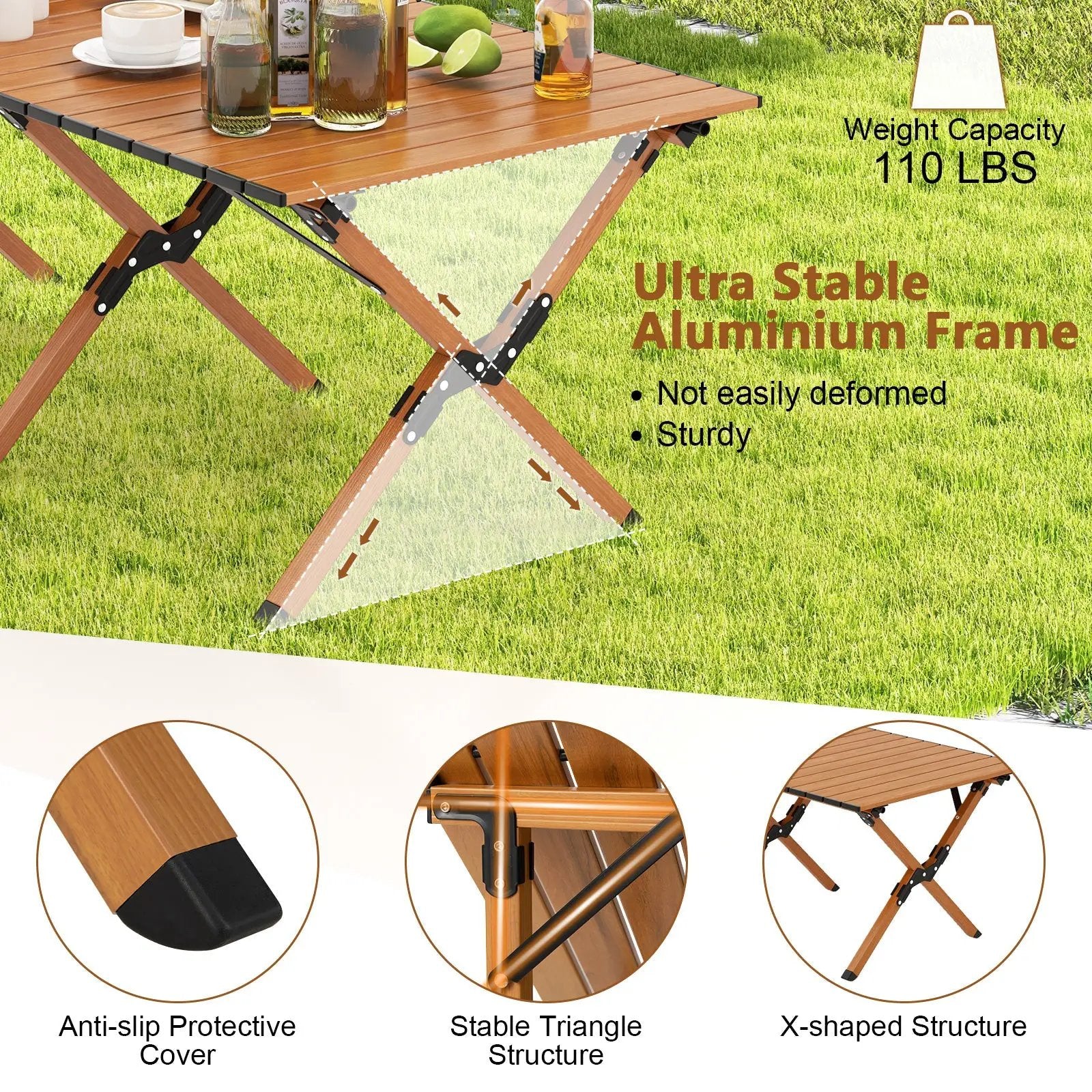 Folding Lightweight Aluminum Camping Table with Wood Grain-L by DirectDeals