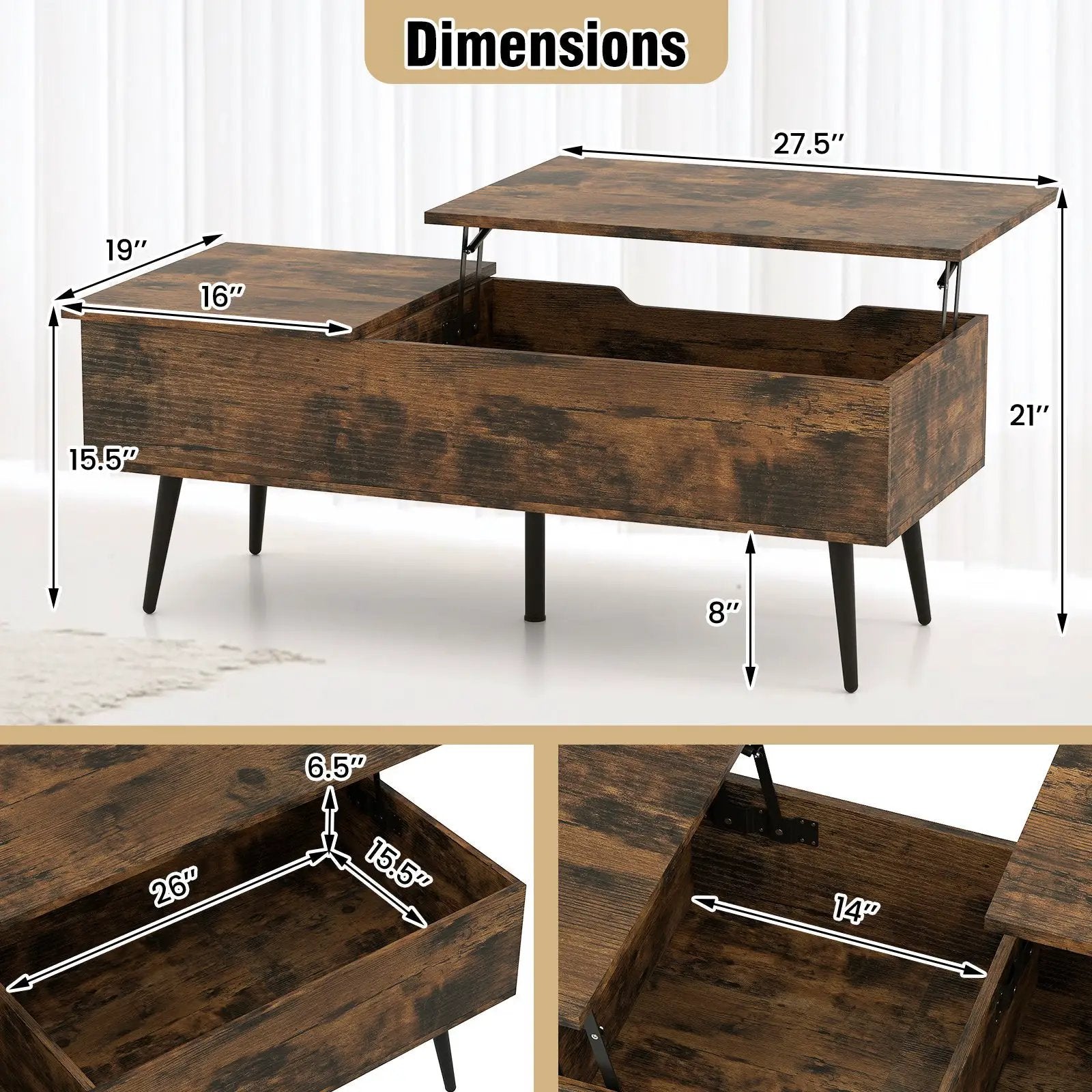 47 Inch Lift Top Coffee Table with 2 Hidden Compartments by DirectDeals