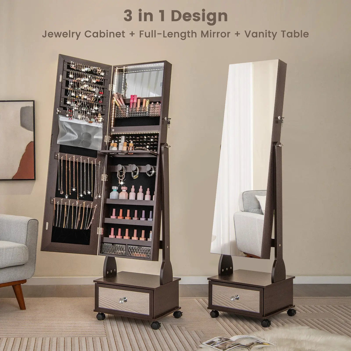 47 Inch Lockable Jewelry Cabinet Armoire with 3-Color LED Lights by DirectDeals