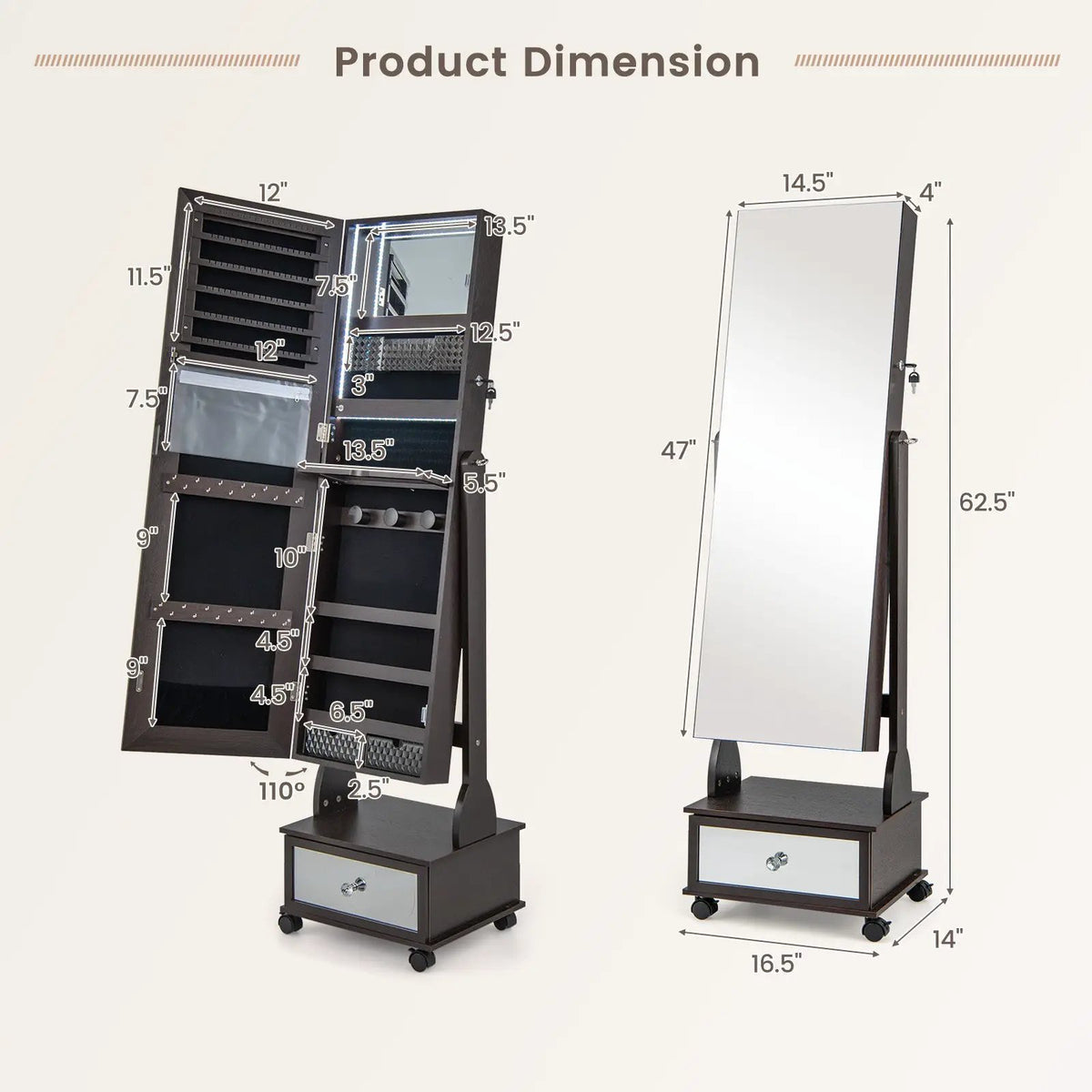47 Inch Lockable Jewelry Cabinet Armoire with 3-Color LED Lights by DirectDeals
