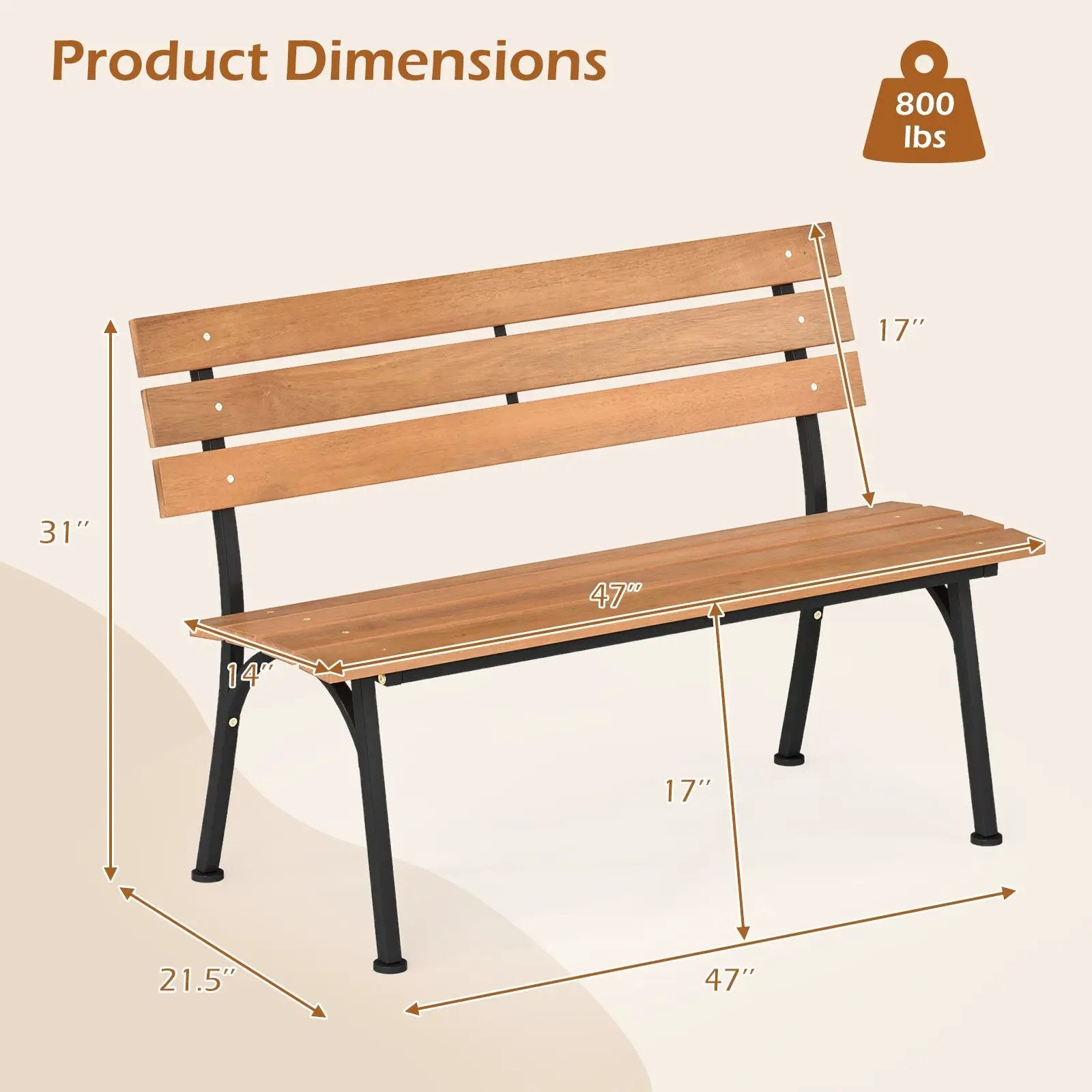 47 Inch Outdoor Acacia Wood Bench with Metal Frame and Slatted Seat by DirectDeals