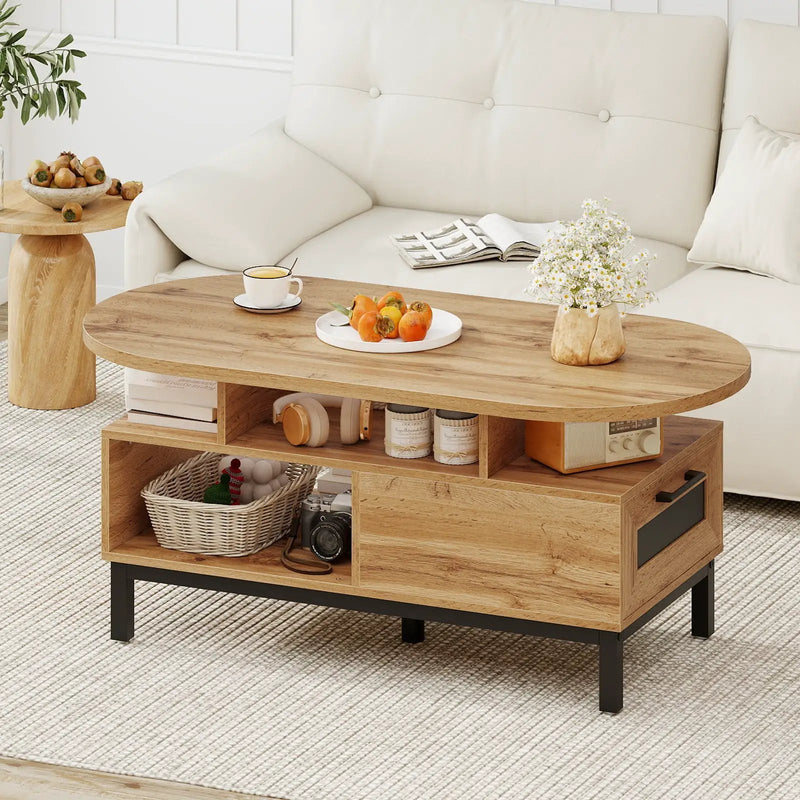 47 Inch Oval Coffee Table with Storage and Open Compartments for Living Room by DirectDeals
