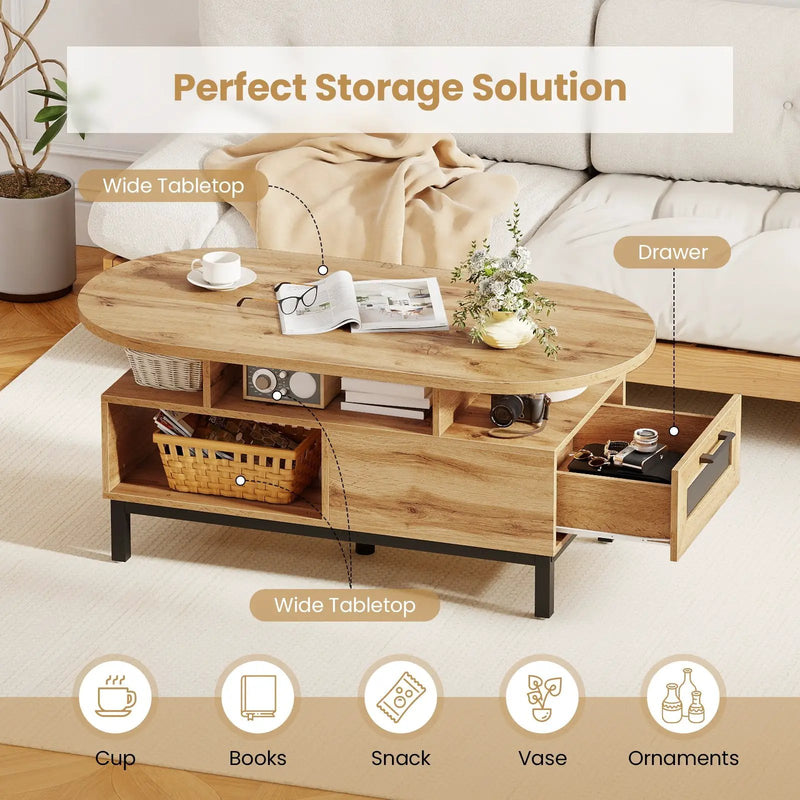 47 Inch Oval Coffee Table with Storage and Open Compartments for Living Room by DirectDeals