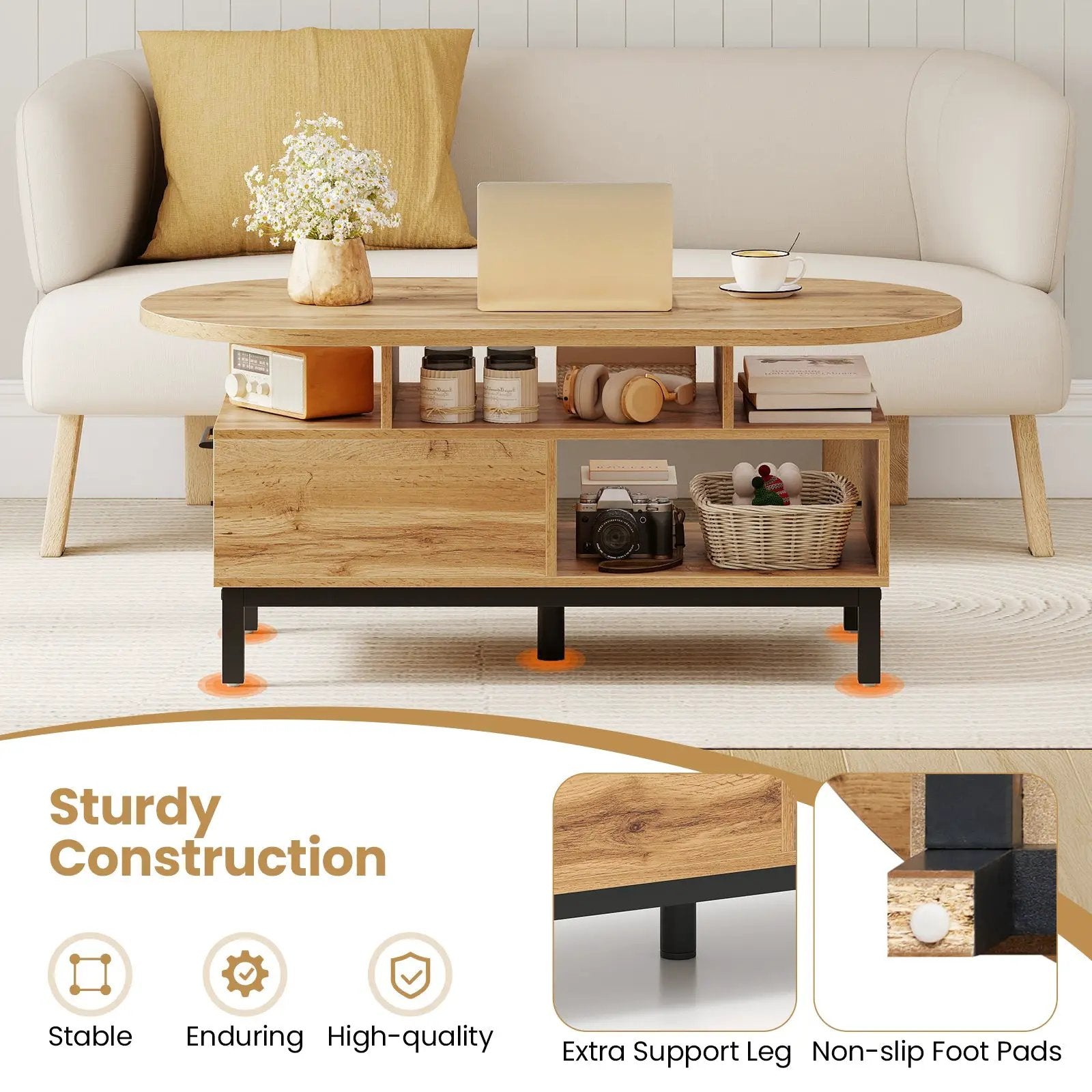 47 Inch Oval Coffee Table with Storage and Open Compartments for Living Room by DirectDeals