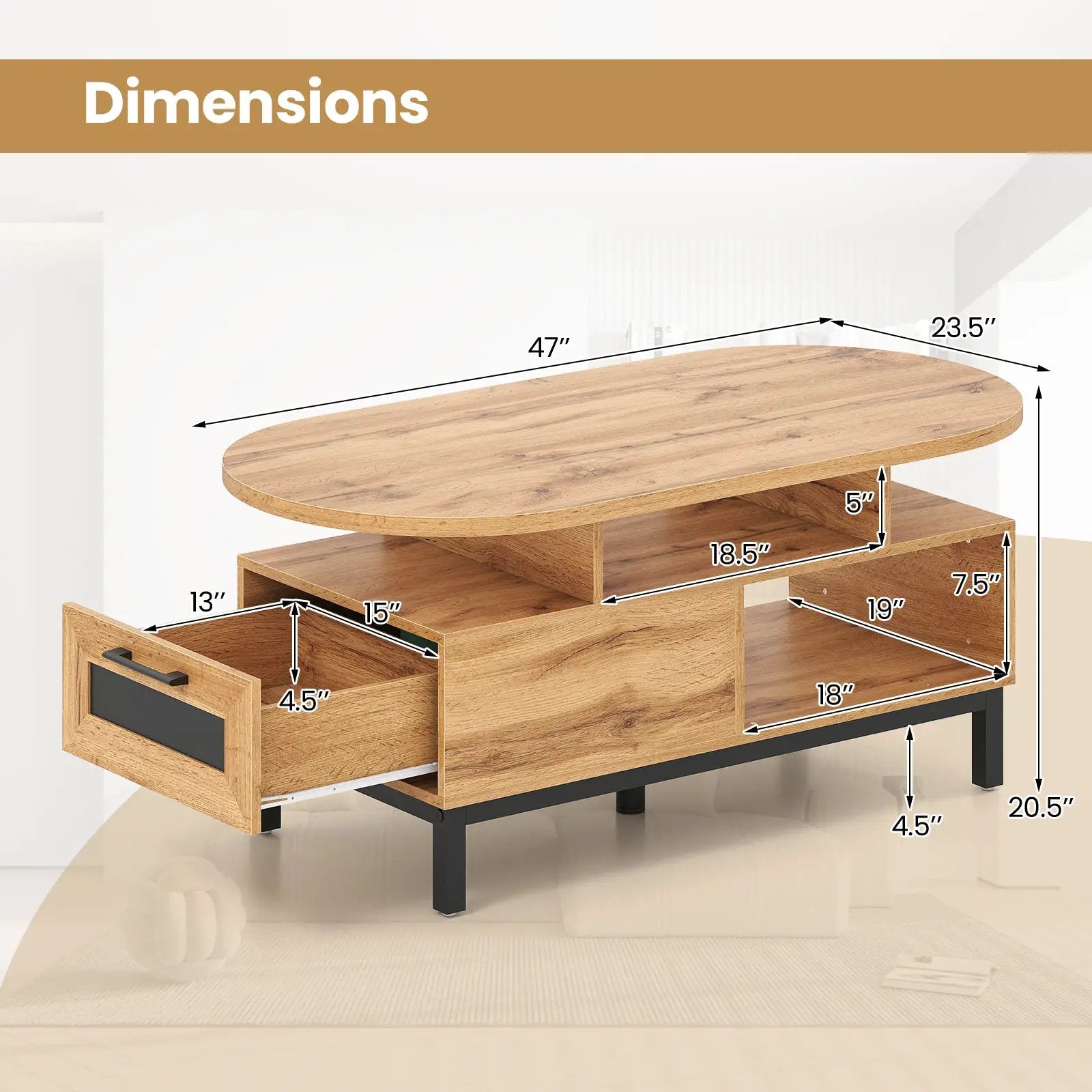 47 Inch Oval Coffee Table with Storage and Open Compartments for Living Room by DirectDeals
