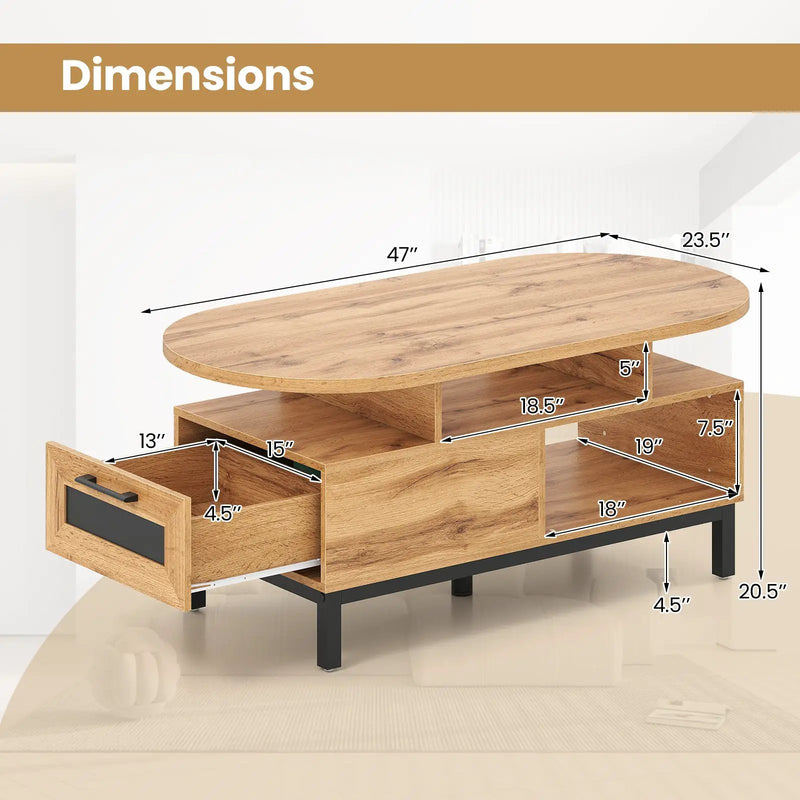 47 Inch Oval Coffee Table with Storage and Open Compartments for Living Room by DirectDeals