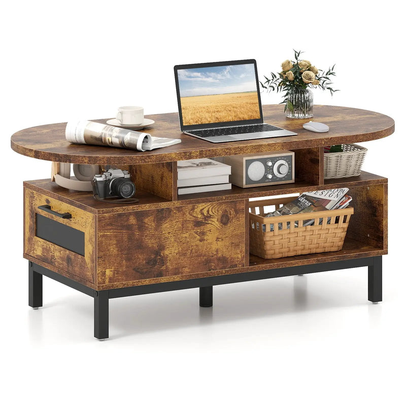 47 Inch Oval Coffee Table with Storage and Open Compartments for Living Room by DirectDeals