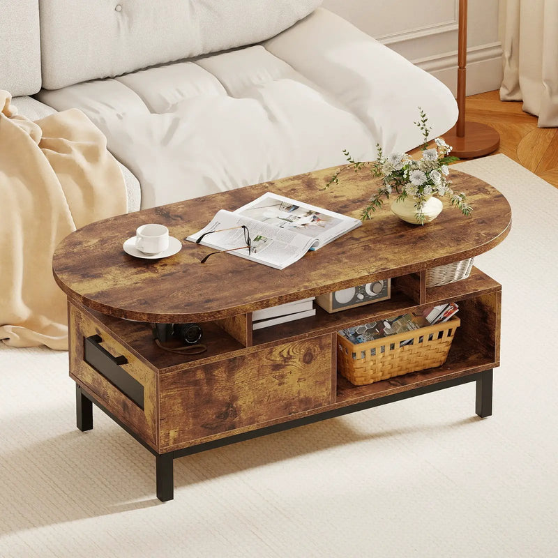 47 Inch Oval Coffee Table with Storage and Open Compartments for Living Room by DirectDeals