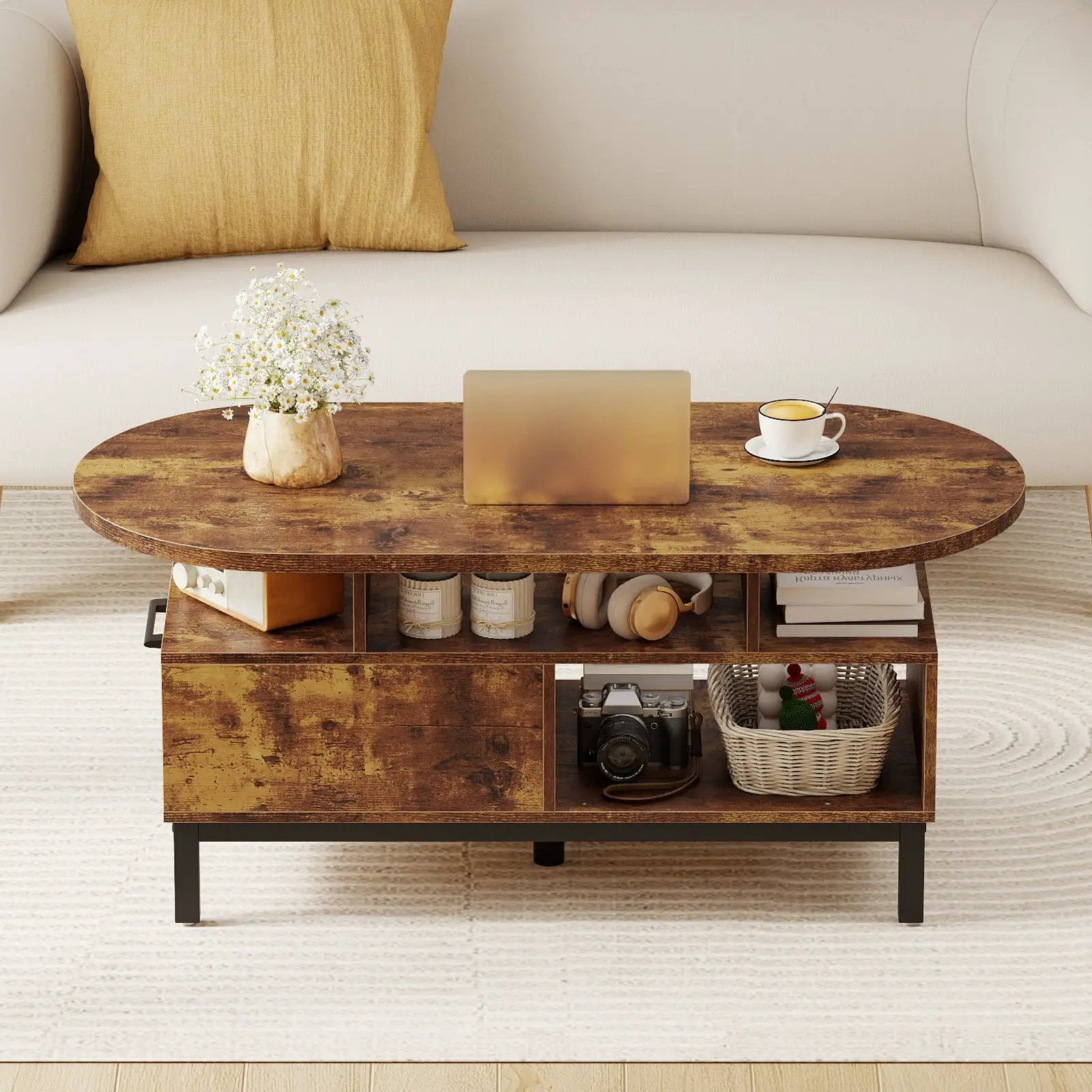 47 Inch Oval Coffee Table with Storage and Open Compartments for Living Room by DirectDeals