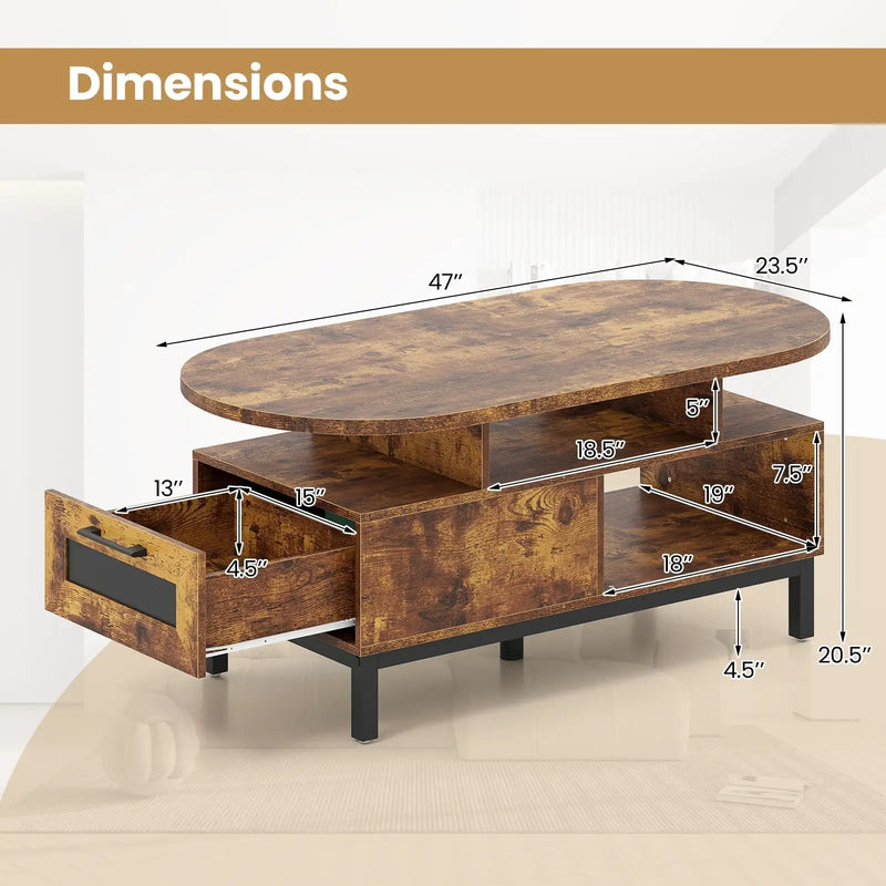 47 Inch Oval Coffee Table with Storage and Open Compartments for Living Room by DirectDeals