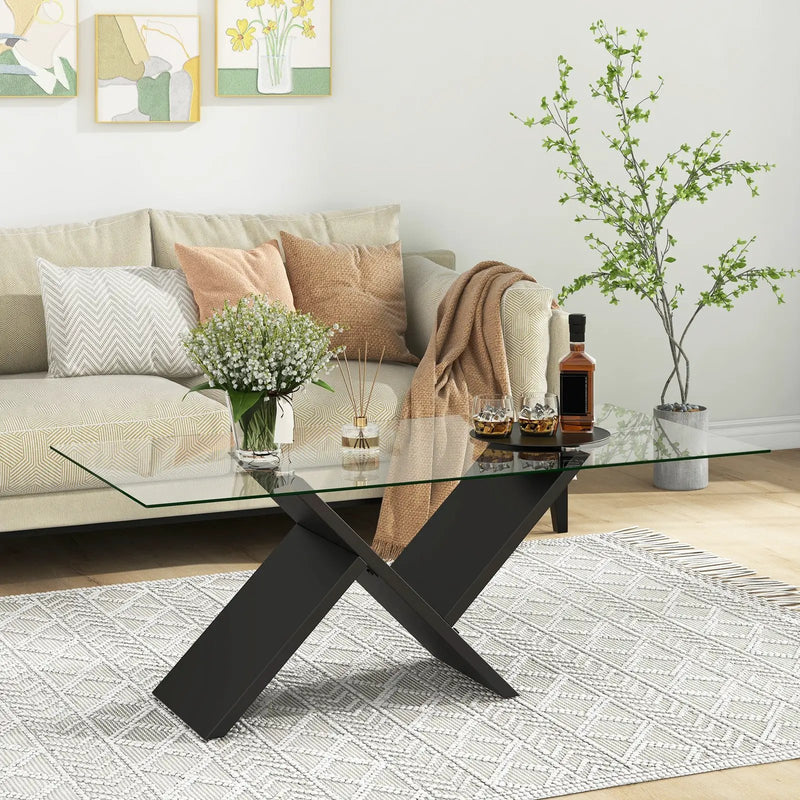 47 Inch Rectangle Glass Coffee Table Modern Center Table with Tempered Glass Tabletop-Black by DirectDeals