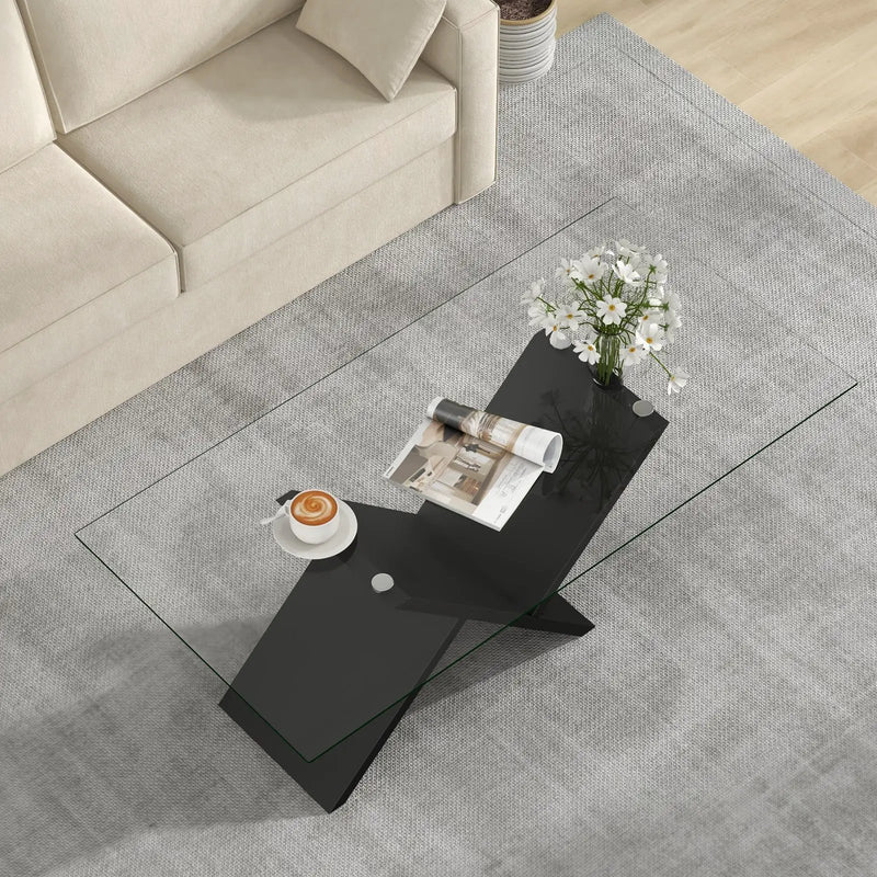 47 Inch Rectangle Glass Coffee Table Modern Center Table with Tempered Glass Tabletop-Black by DirectDeals