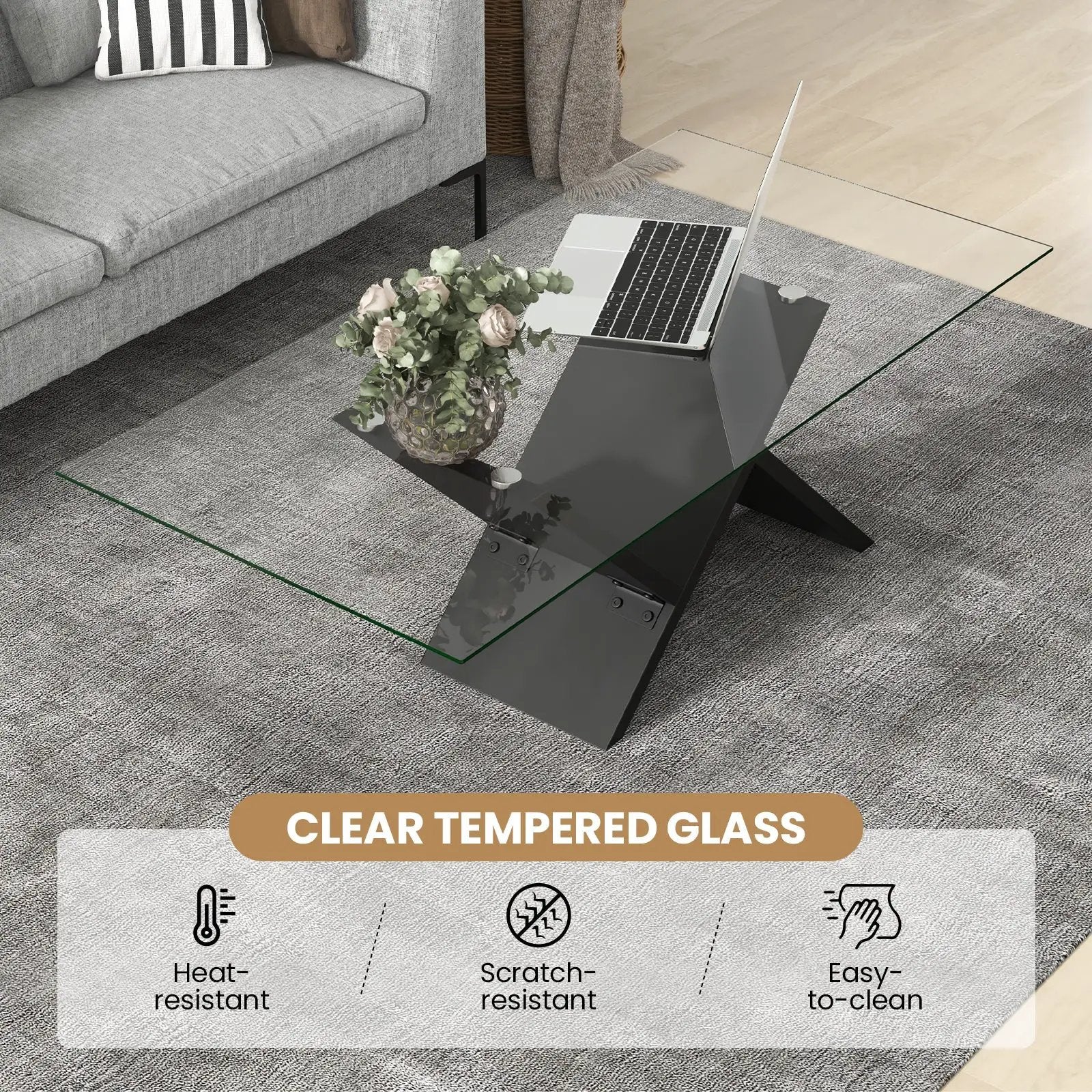 47 Inch Rectangle Glass Coffee Table Modern Center Table with Tempered Glass Tabletop-Black by DirectDeals
