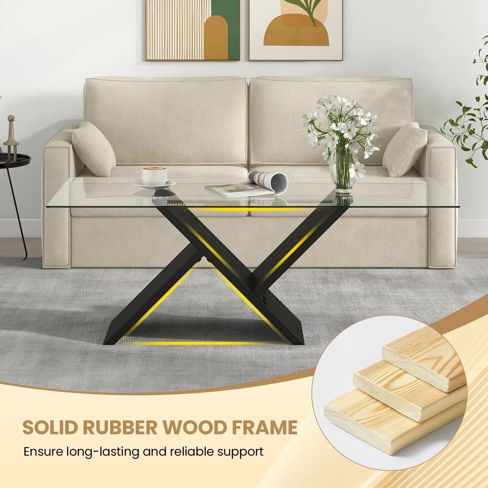 47 Inch Rectangle Glass Coffee Table Modern Center Table with Tempered Glass Tabletop-Black by DirectDeals
