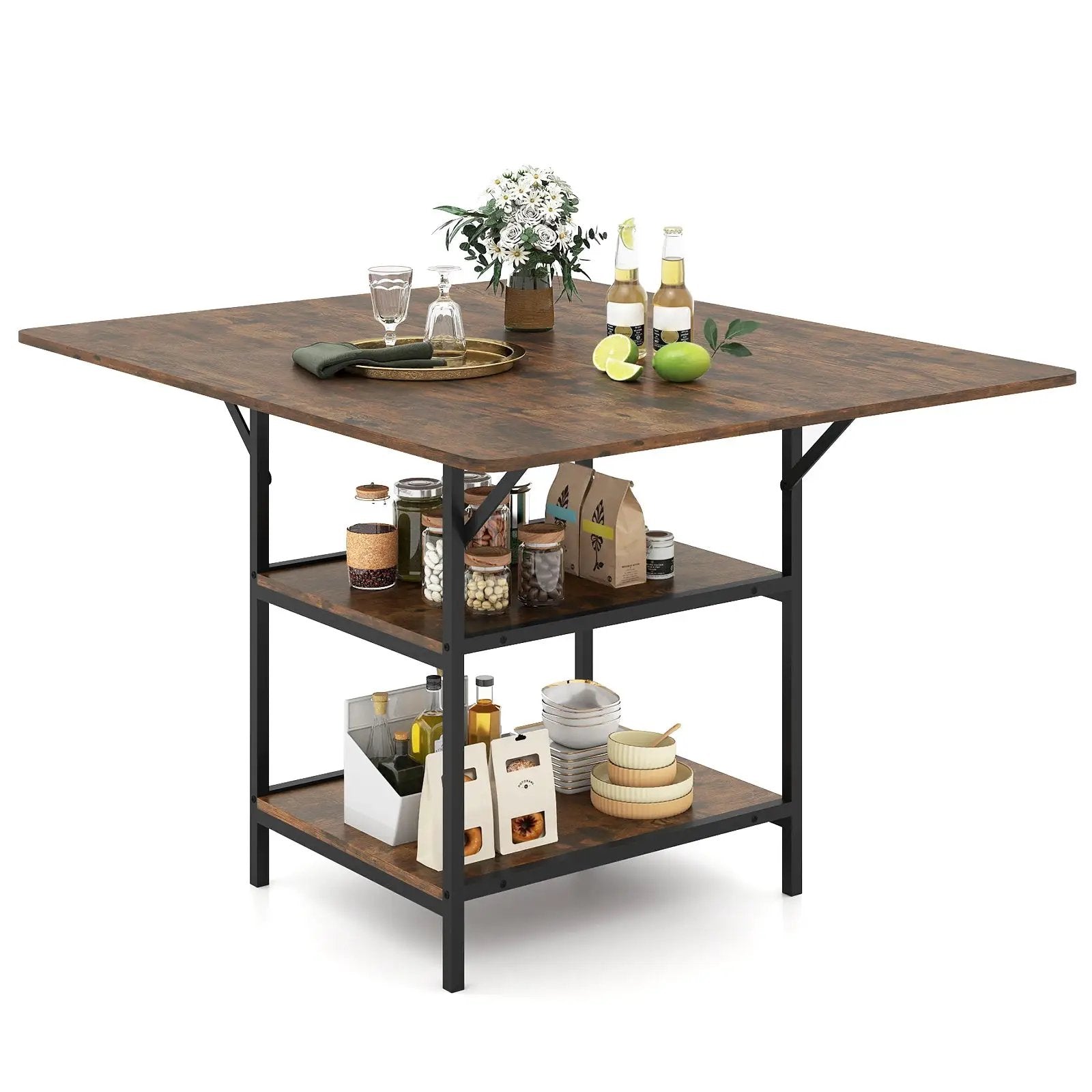 47 Inch Rectangular Dining Table with 2 Open Storage Shelves and Sturdy Metal Legs for 4-6 by DirectDeals