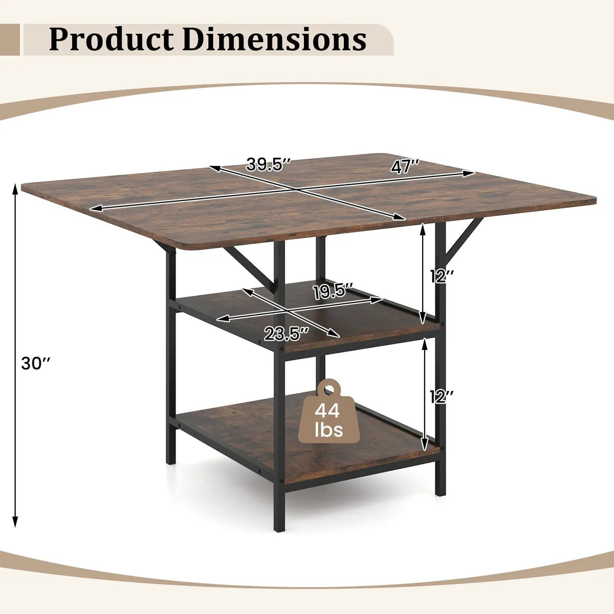 47 Inch Rectangular Dining Table with 2 Open Storage Shelves and Sturdy Metal Legs for 4-6 by DirectDeals
