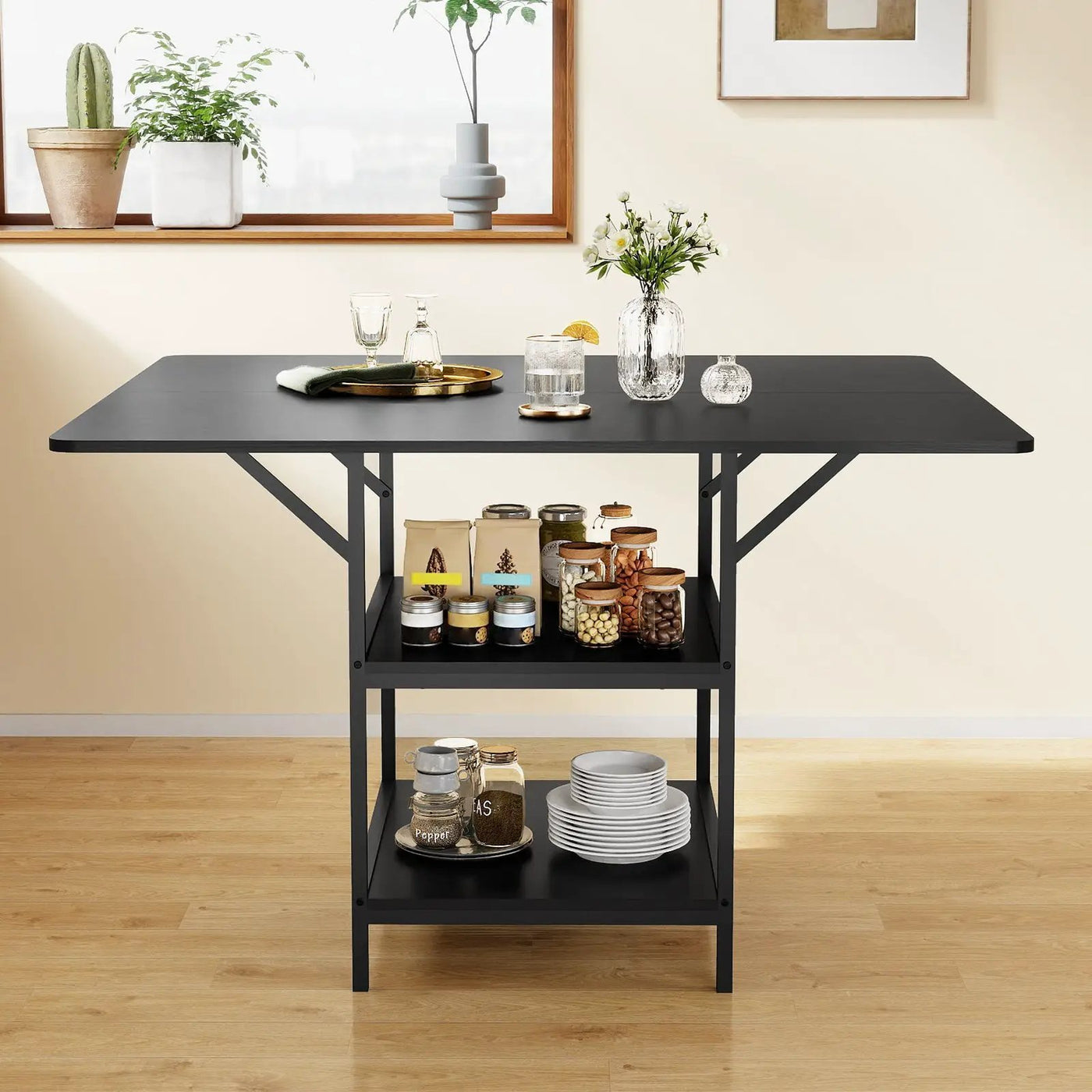 47 Inch Rectangular Dining Table with 2 Open Storage Shelves and Sturdy Metal Legs for 4-6 by DirectDeals