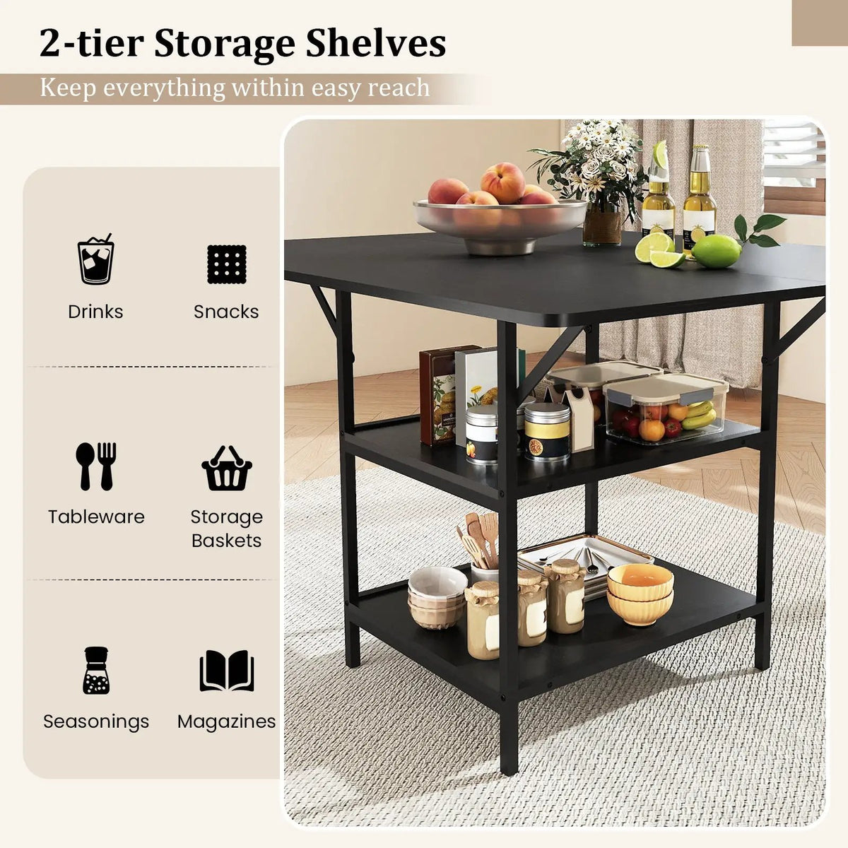 47 Inch Rectangular Dining Table with 2 Open Storage Shelves and Sturdy Metal Legs for 4-6 by DirectDeals