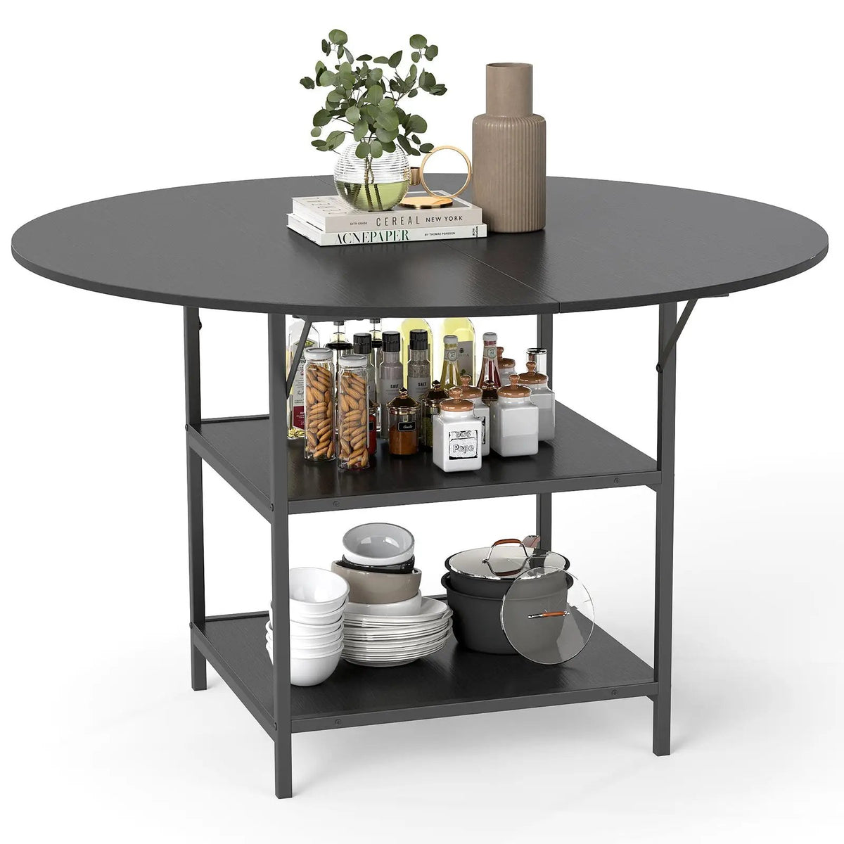 47 Inch Round Dining Table for 4-6 People Large Kitchen Table with 2-Tier Storage Shelves by DirectDeals