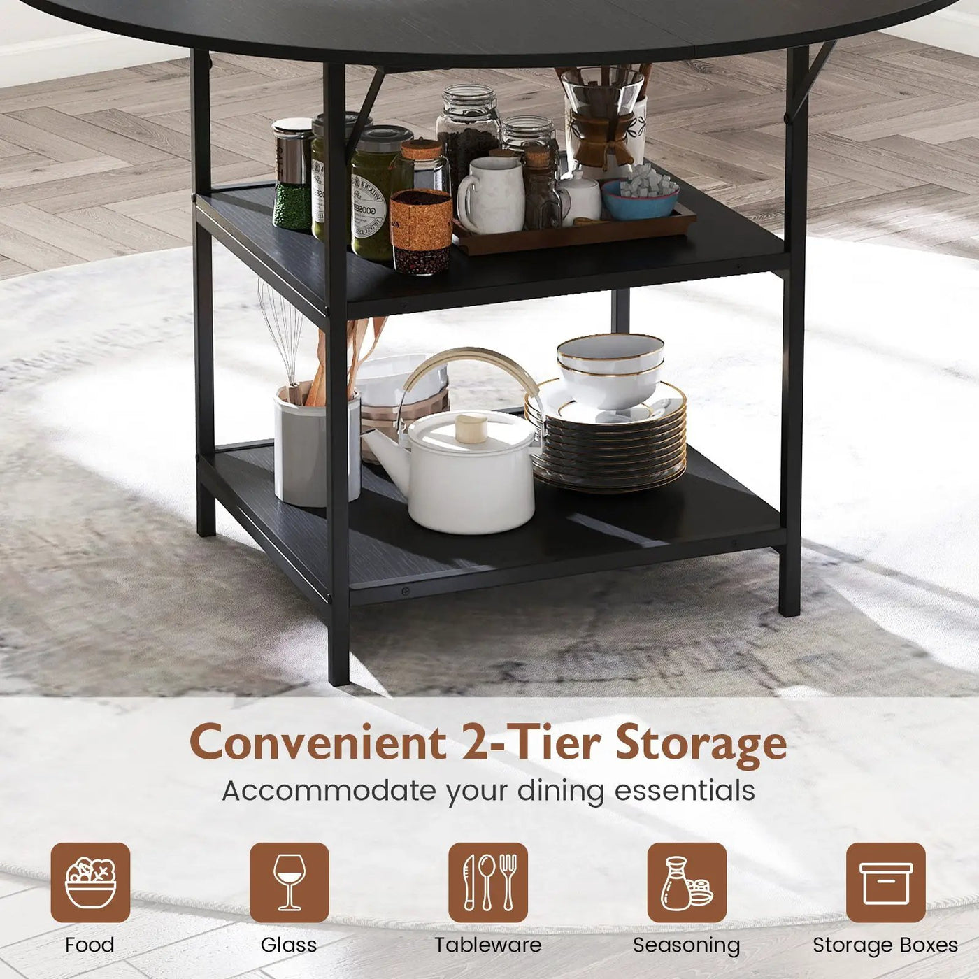 47 Inch Round Dining Table for 4-6 People Large Kitchen Table with 2-Tier Storage Shelves by DirectDeals