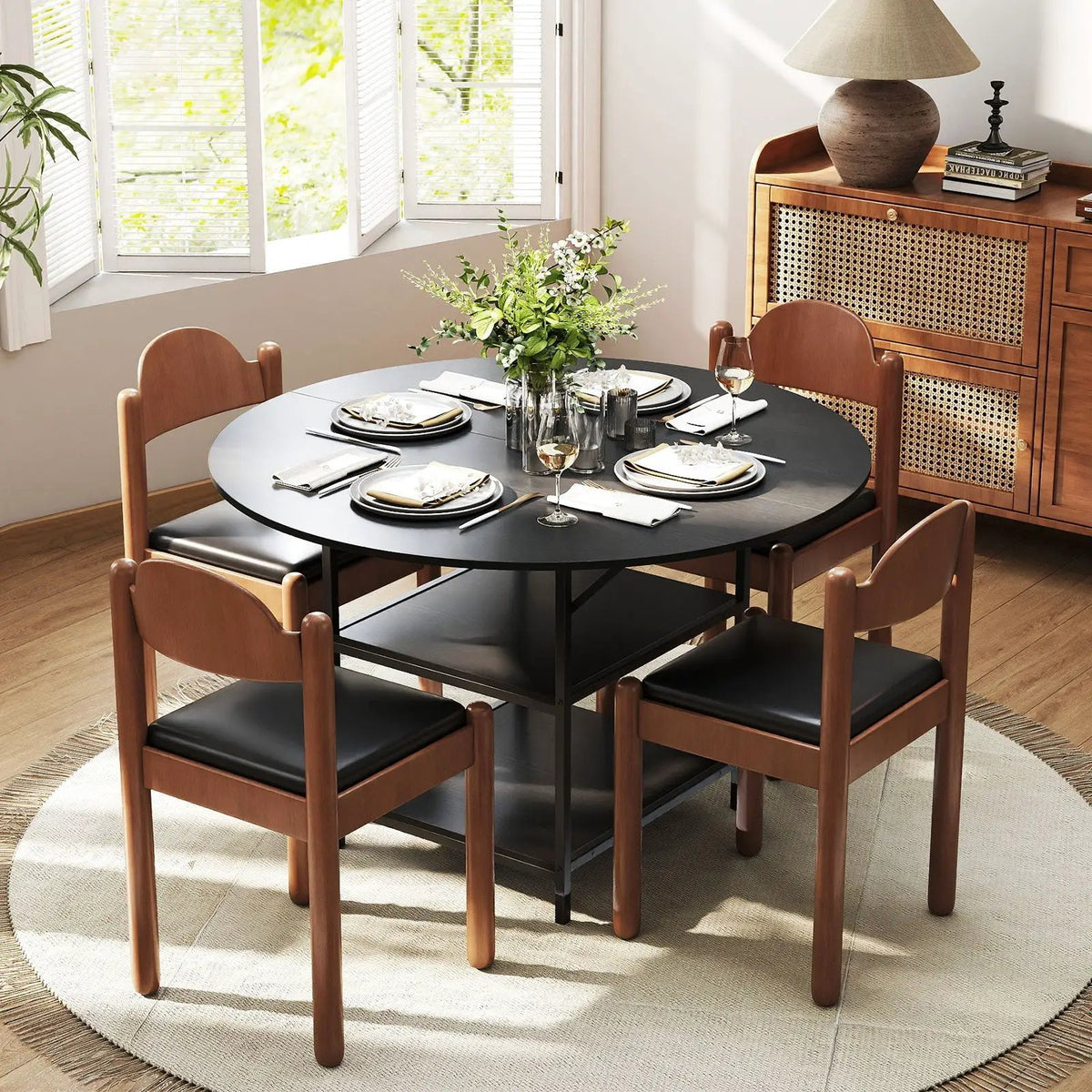 47 Inch Round Dining Table for 4-6 People Large Kitchen Table with 2-Tier Storage Shelves by DirectDeals