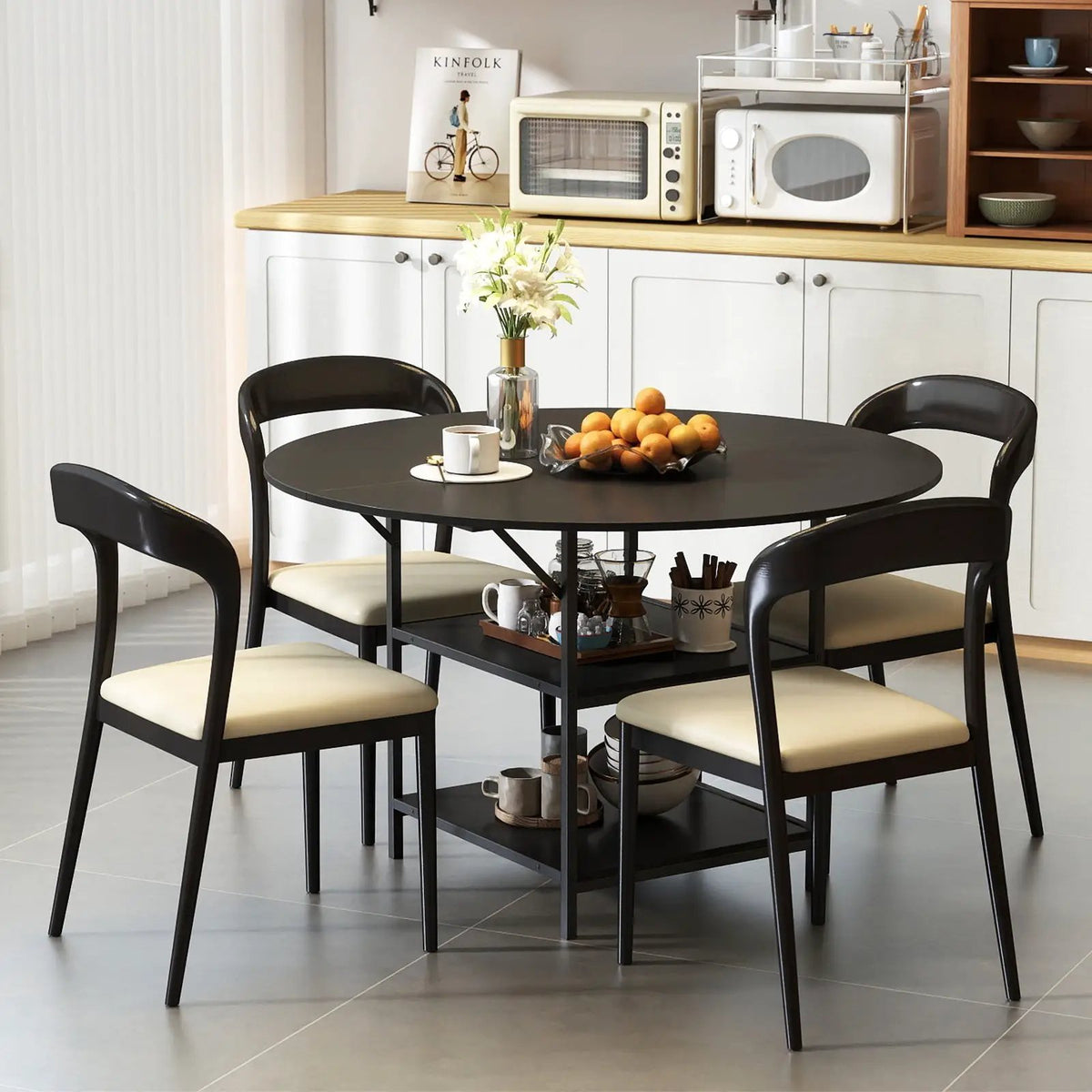 47 Inch Round Dining Table for 4-6 People Large Kitchen Table with 2-Tier Storage Shelves by DirectDeals
