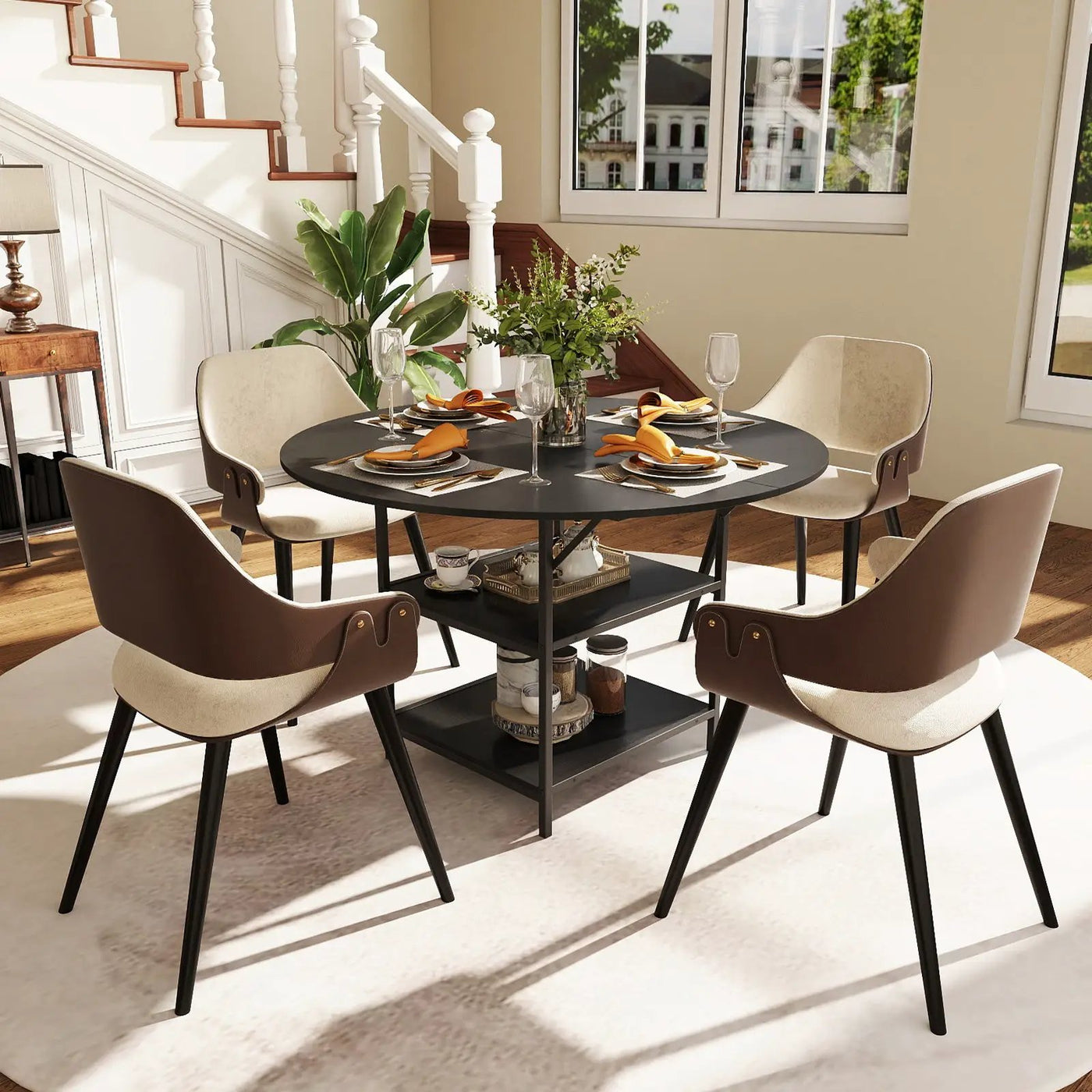 47 Inch Round Dining Table for 4-6 People Large Kitchen Table with 2-Tier Storage Shelves by DirectDeals