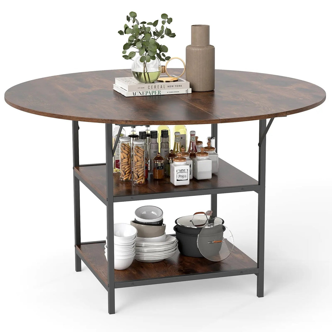 47 Inch Round Dining Table for 4-6 People Large Kitchen Table with 2-Tier Storage Shelves by DirectDeals