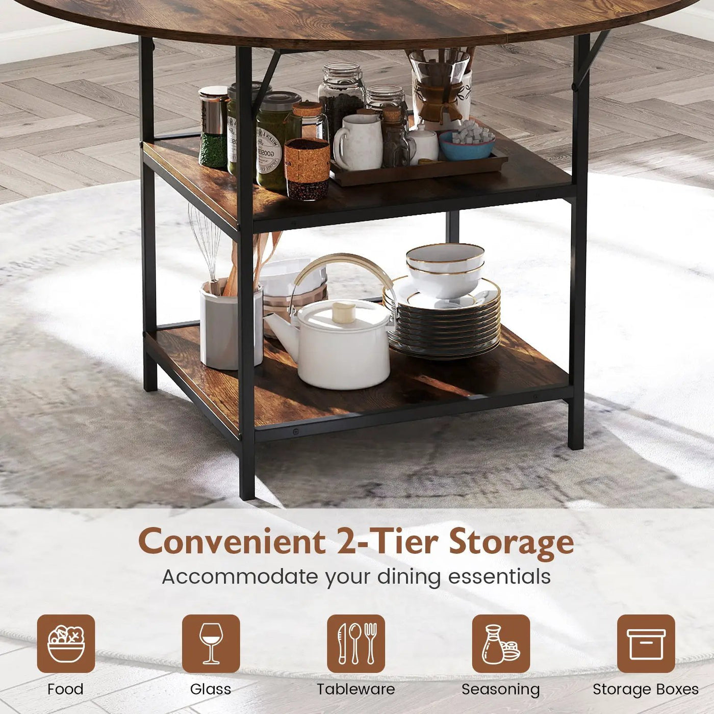 47 Inch Round Dining Table for 4-6 People Large Kitchen Table with 2-Tier Storage Shelves by DirectDeals