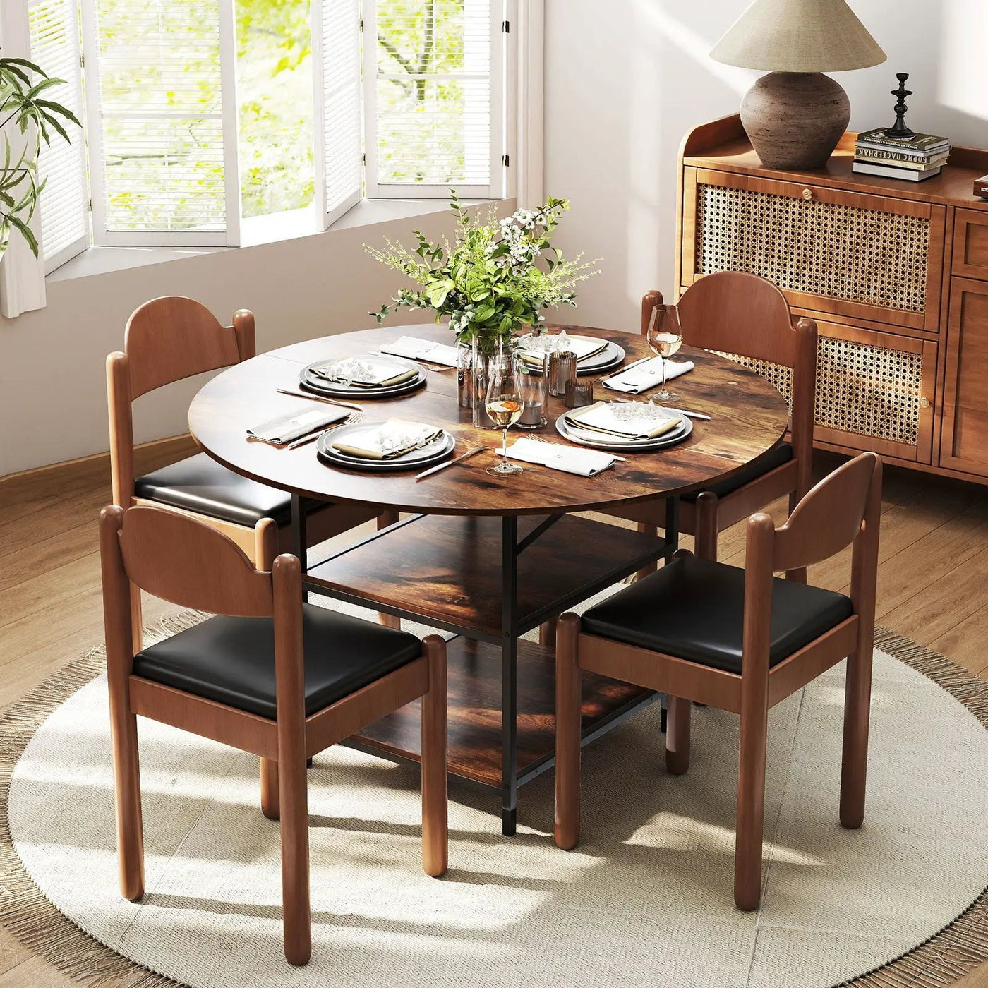 47 Inch Round Dining Table for 4-6 People Large Kitchen Table with 2-Tier Storage Shelves by DirectDeals