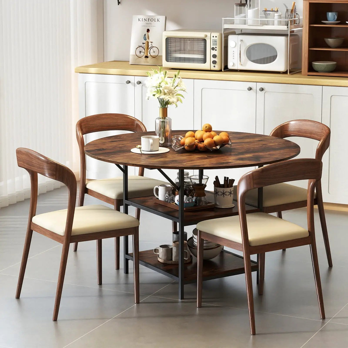47 Inch Round Dining Table for 4-6 People Large Kitchen Table with 2-Tier Storage Shelves by DirectDeals