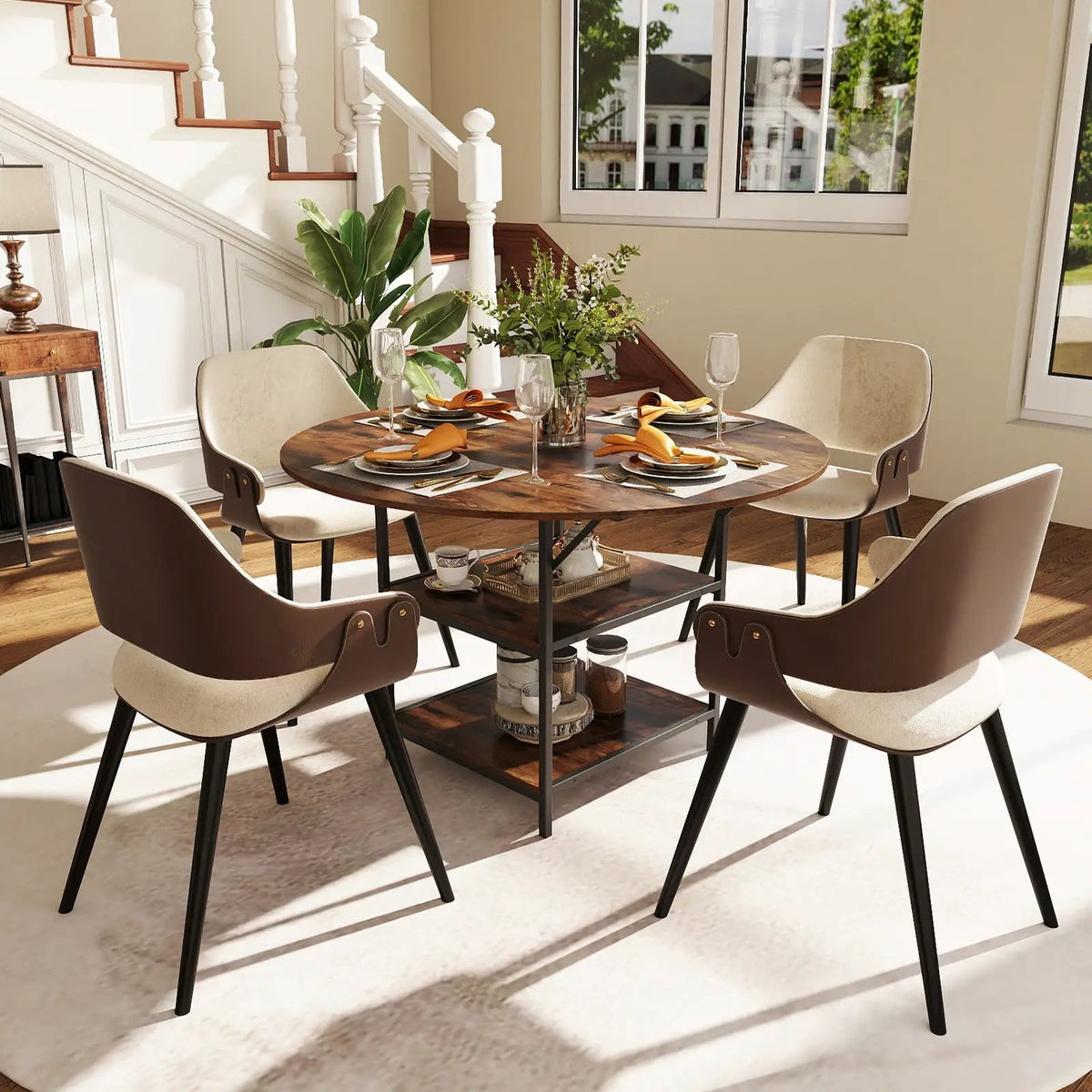 47 Inch Round Dining Table for 4-6 People Large Kitchen Table with 2-Tier Storage Shelves by DirectDeals